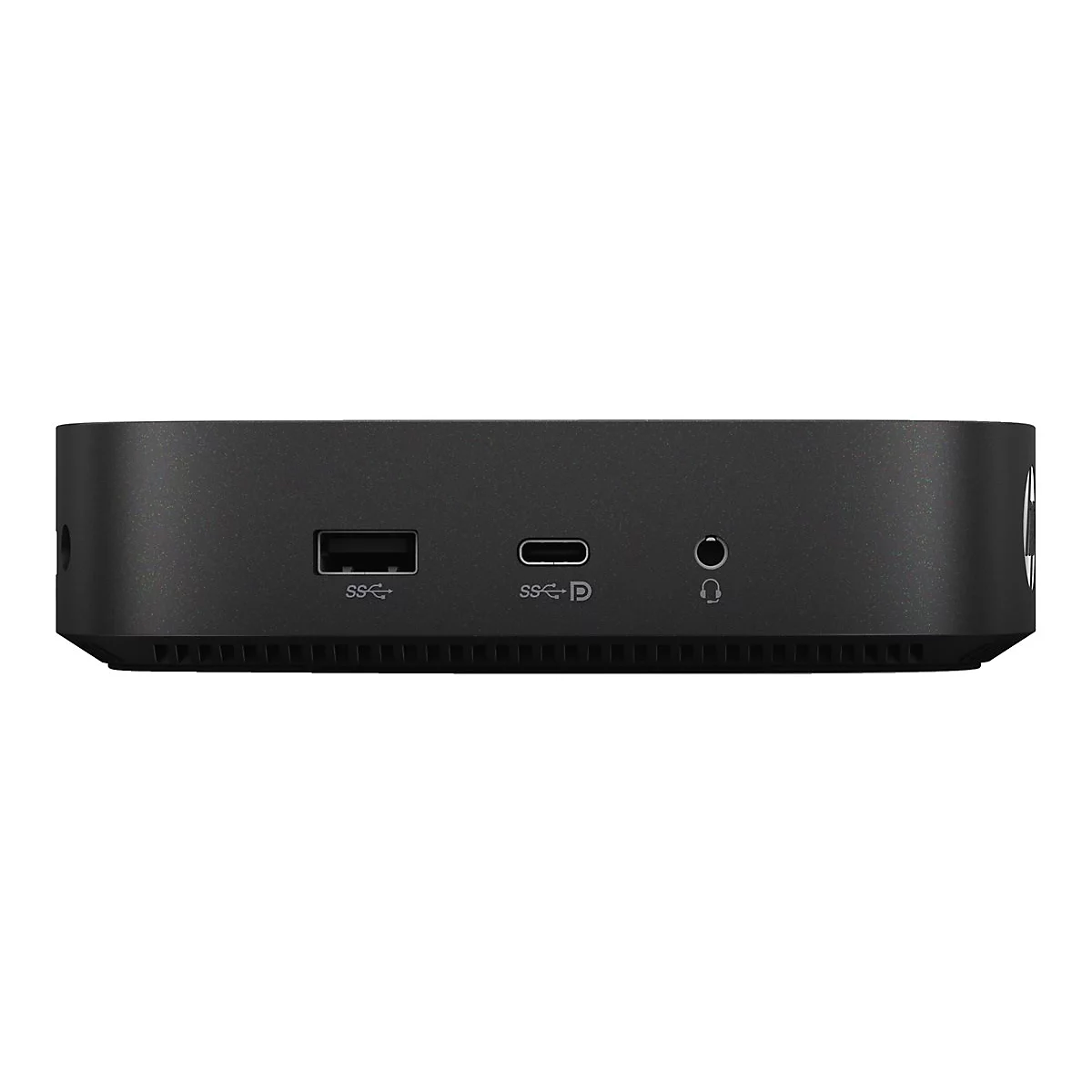 Schwarzer Mini-PC mit USB-, USB-C- und Audioanschlüssen, isoliert auf weißem Hintergrund.