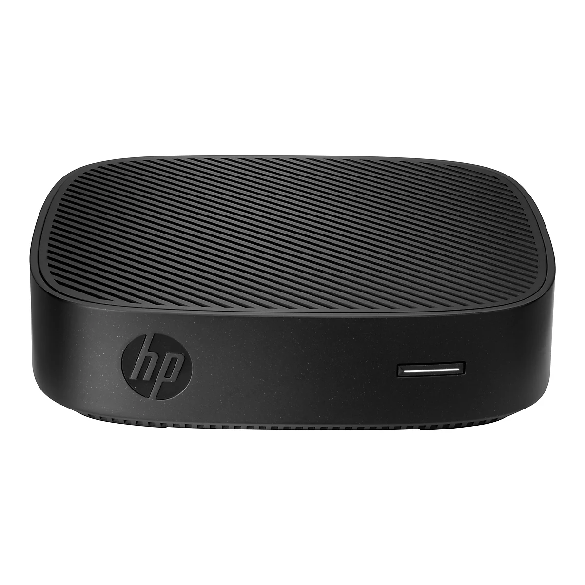 Ein schwarzer HP Mini-PC, rechteckig mit abgerundeten Ecken. Das obere Teil hat Rillen, das HP-Logo ist auf der Vorderseite abgebildet.
