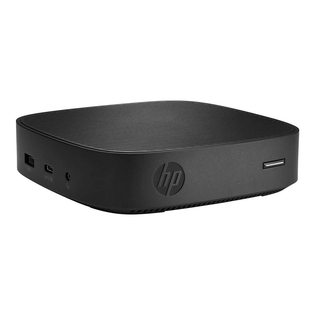 Schwarzer HP Mini PC, schräg von vorne fotografiert. Oben mit Rillen, HP Logo vorne.