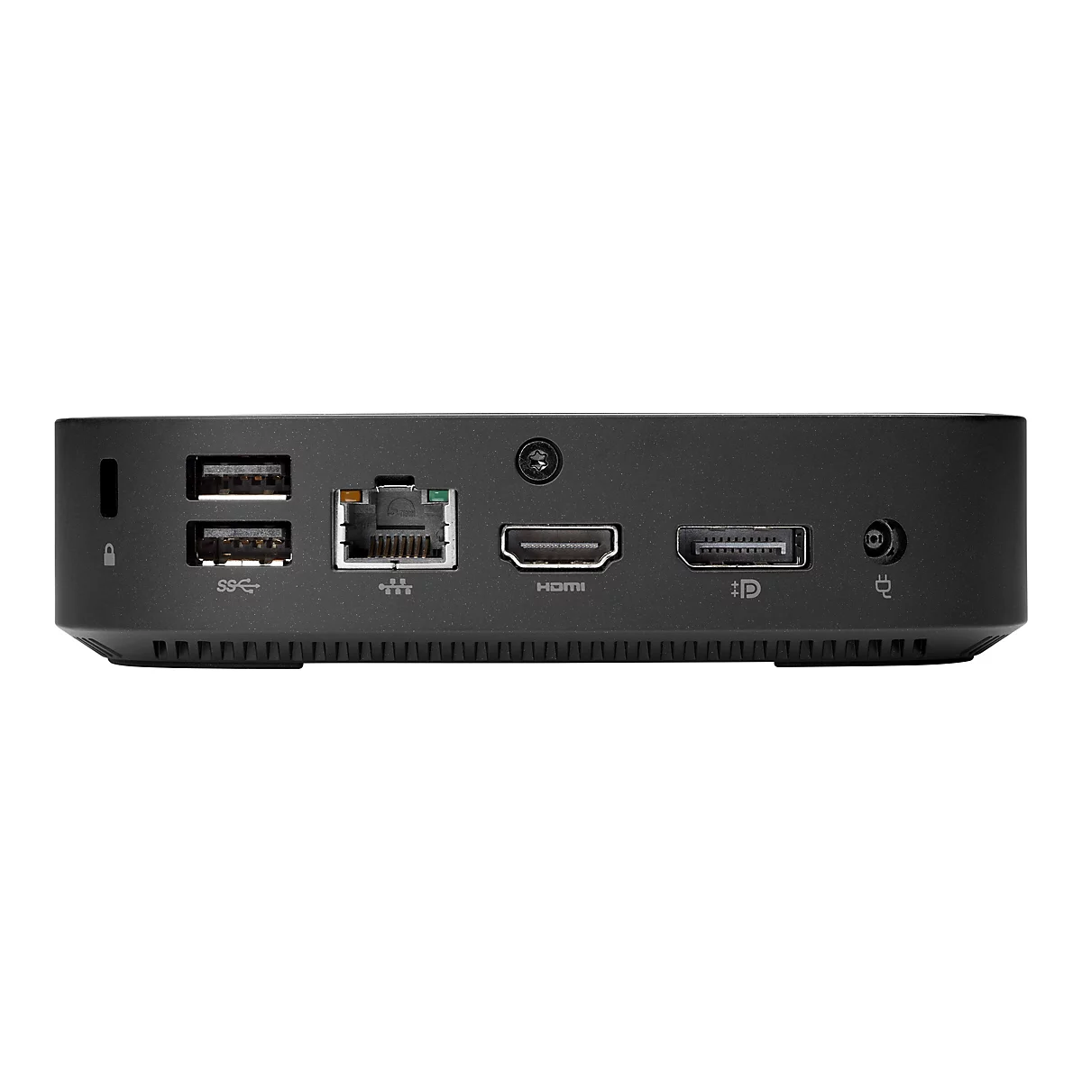Draufsicht auf einen kleinen schwarzen Computer mit verschiedenen Anschlüssen: USB, LAN, HDMI, USB-C, Stromanschluss.