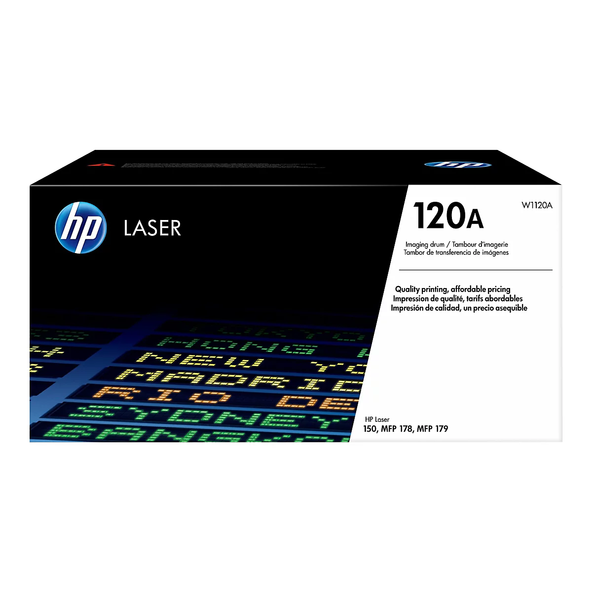Une cartouche de toner laser HP, en noir et blanc. L'emballage porte la mention "120A" et des logos.