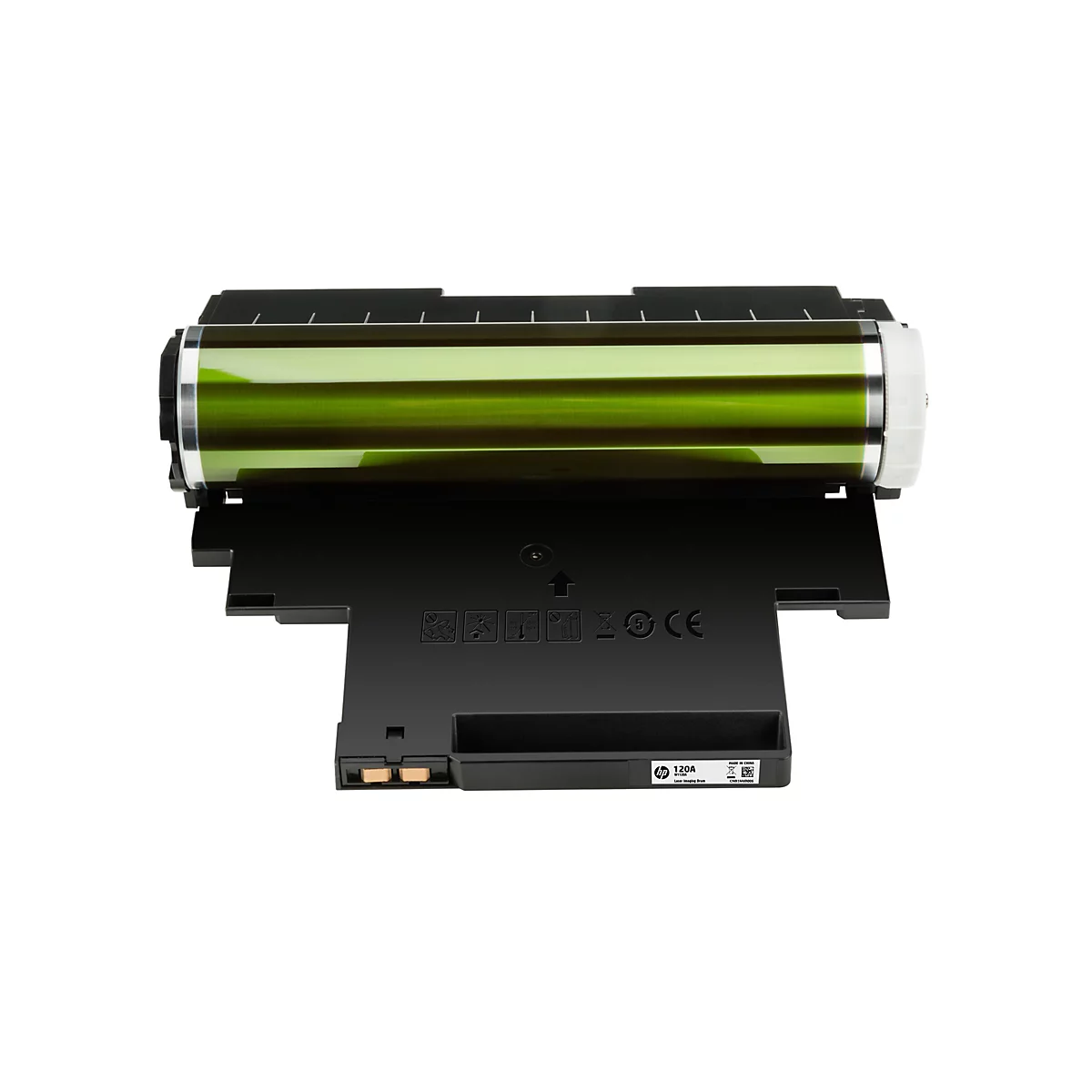 Tambour laser noir et vert sur fond blanc. Il y a des signes et un logo HP sur le tambour.