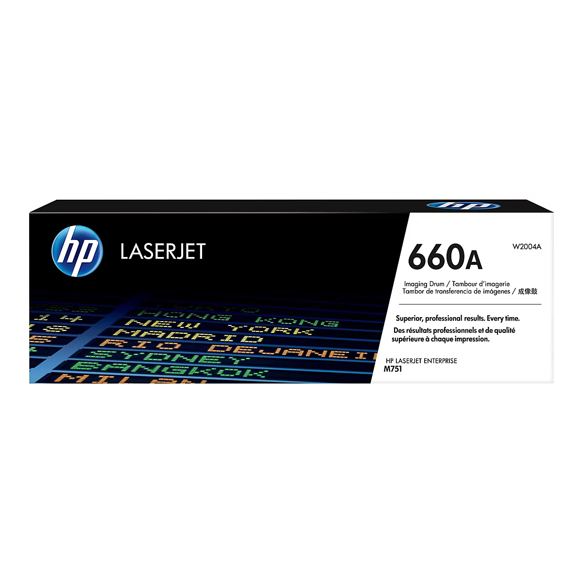 Toner HP Laserjet 660A noir, avec logo et informations sur le produit, sur un fond avec des noms de villes internationales.