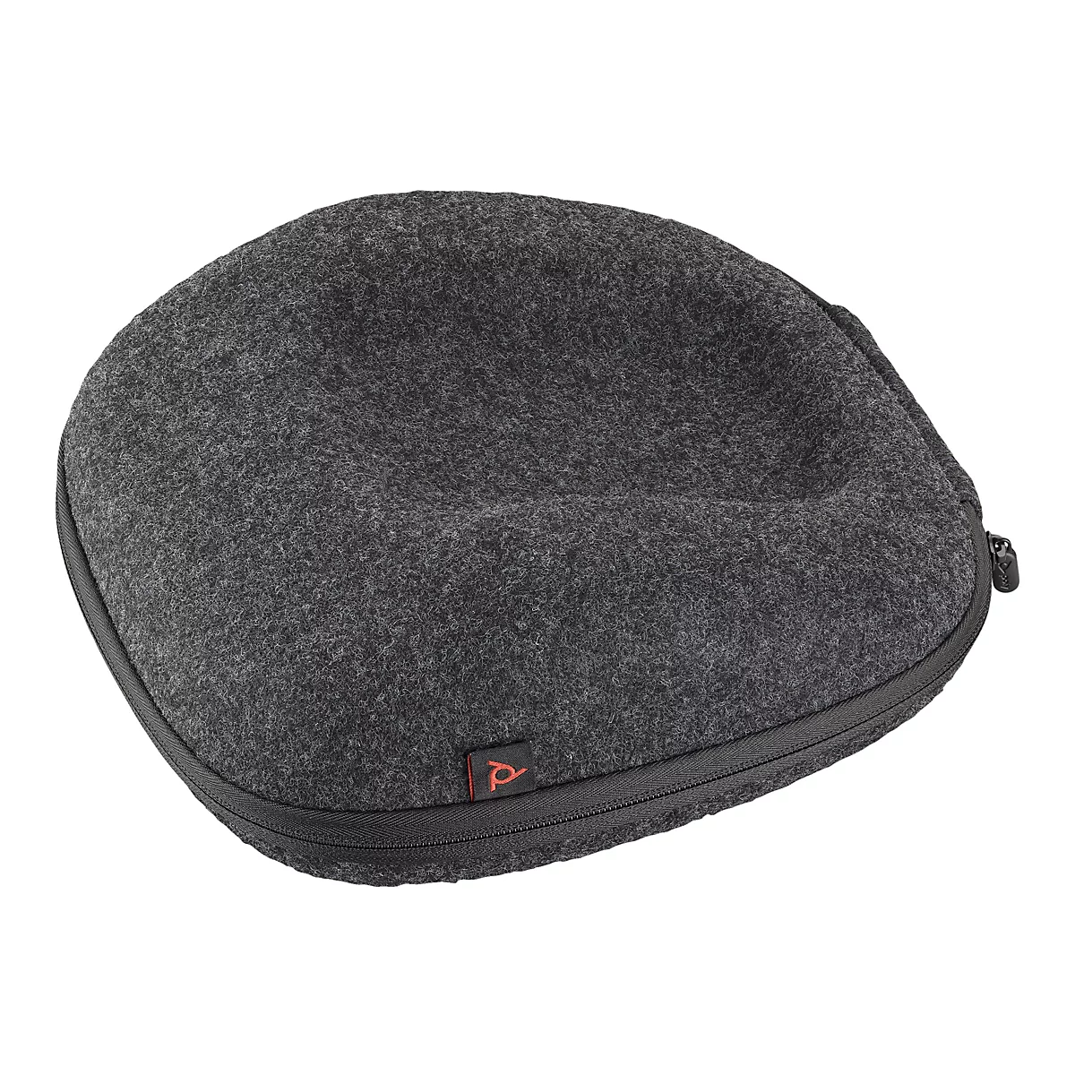 Graue Kopfhörertasche mit Reißverschluss, kleinem roten Logo. Detaillierte Textur.