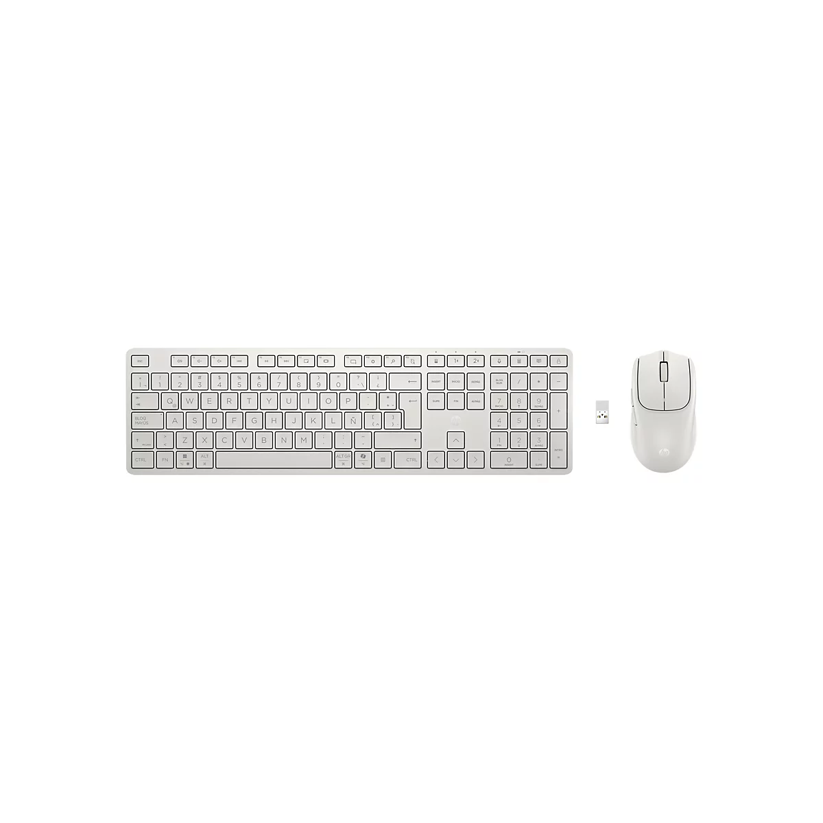 Drahtlose HP-Tastatur und Maus in Weiß auf weißem Hintergrund mit USB-Empfänger.