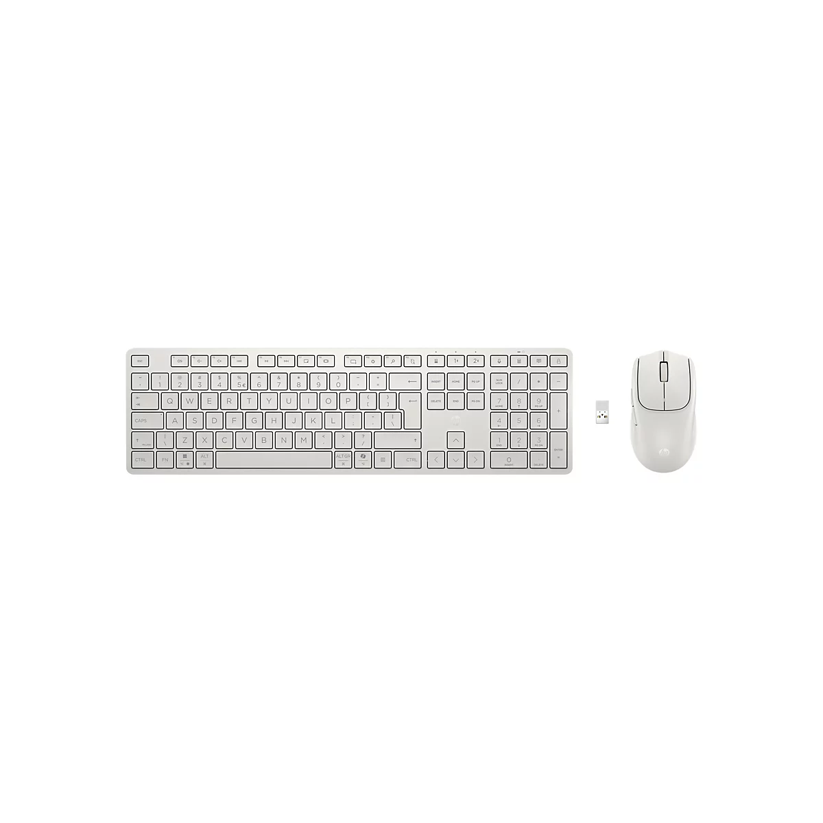 Kabelloses HP Tastatur- und Maus-Set in hellem Grau auf weißem Hintergrund.