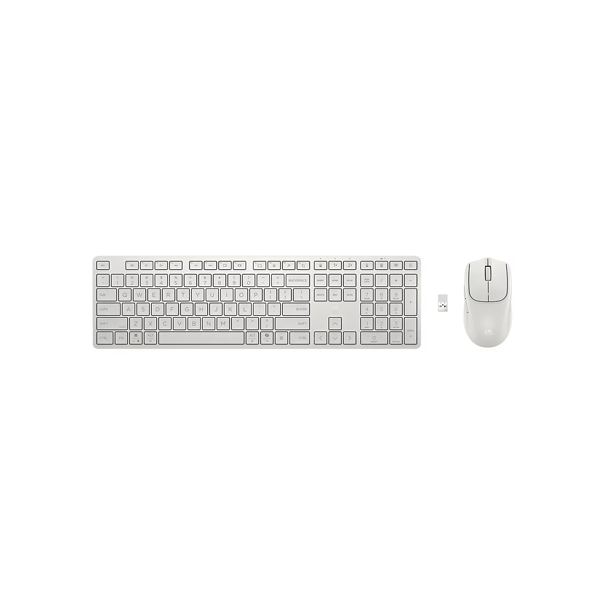 HP Tastatur und Maus in Weiß auf weißem Hintergrund mit USB-Empfänger.
