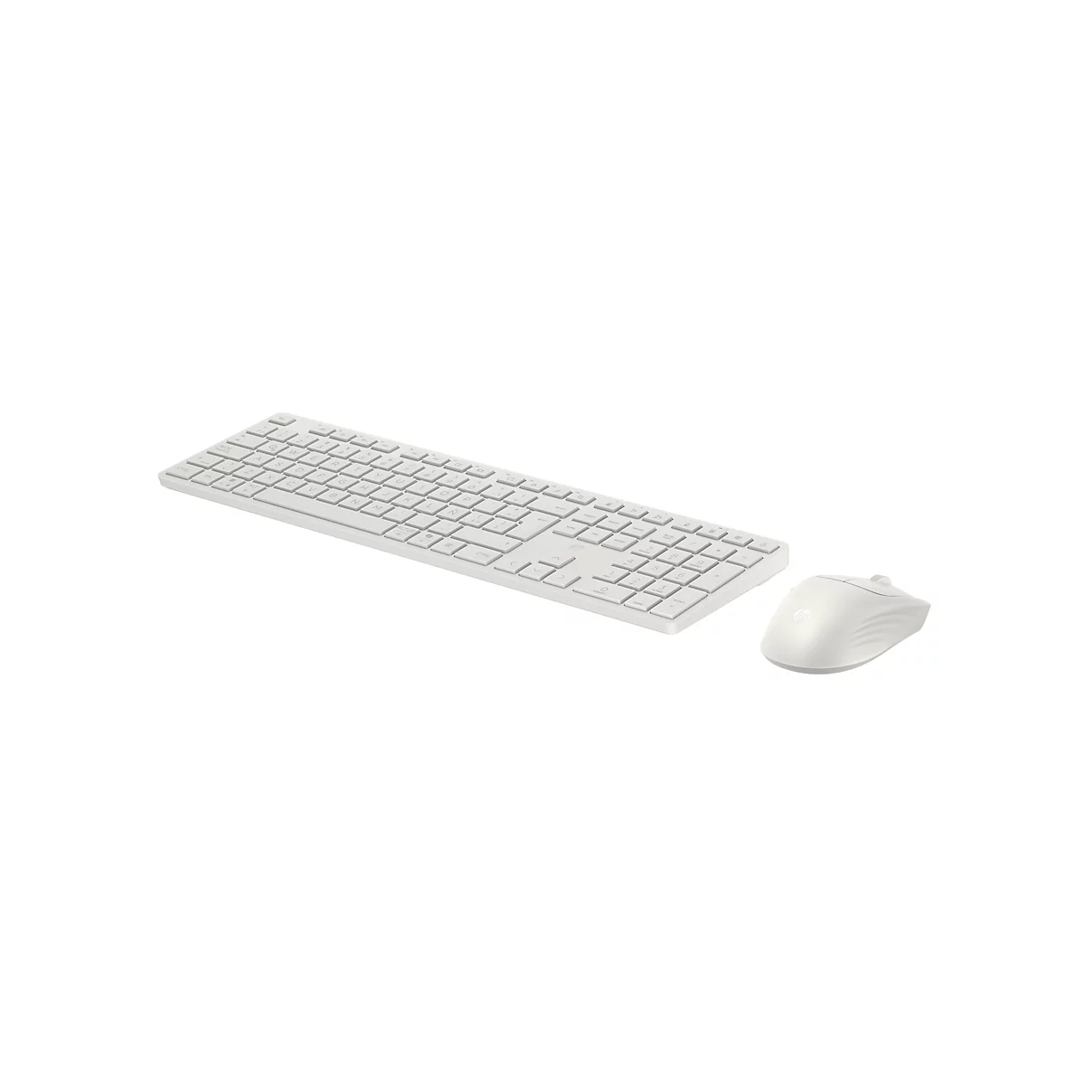 Ein weißes HP-Tastatur- und Maus-Set, schräg von der Seite auf weißem Hintergrund präsentiert.
