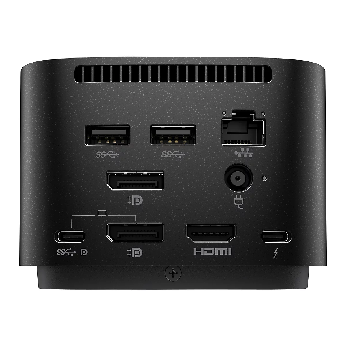 Rückseite einer schwarzen Dockingstation mit Anschlüssen: USB, HDMI, Ethernet und Stromanschluss.
