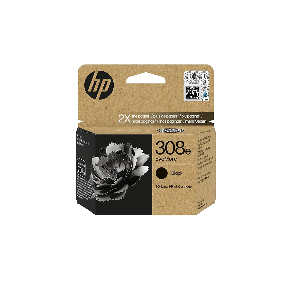 Eine HP Tintenpatronen-Verpackung. Oben links das HP-Logo, rechts ein QR-Code und das Wort "INK". Darunter steht "308e Evomore Black".