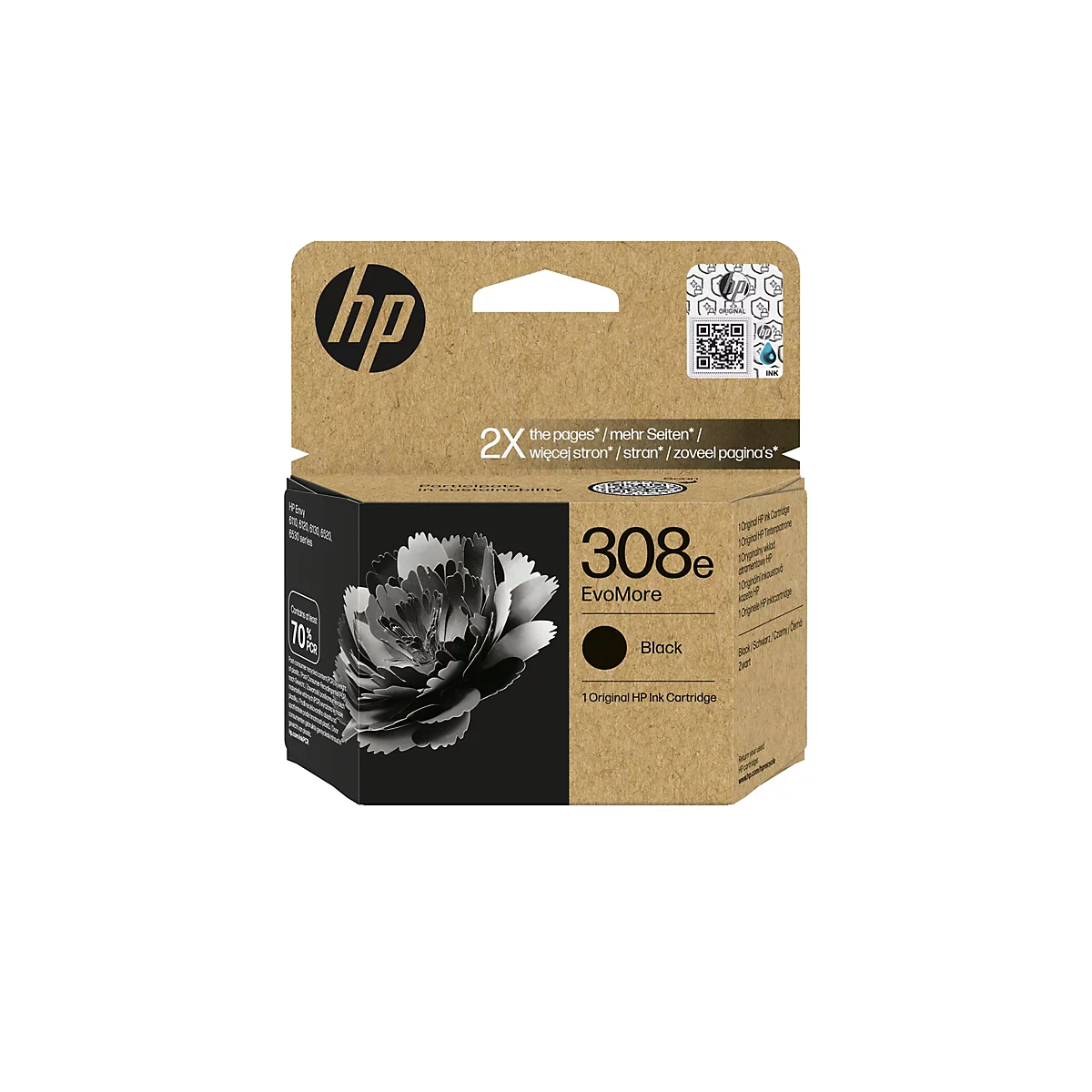 HP Tintenpatrone 308e Black. Verpackung in Braun mit HP Logo und Produktdetails. Enthält eine Abbildung einer Blüte.