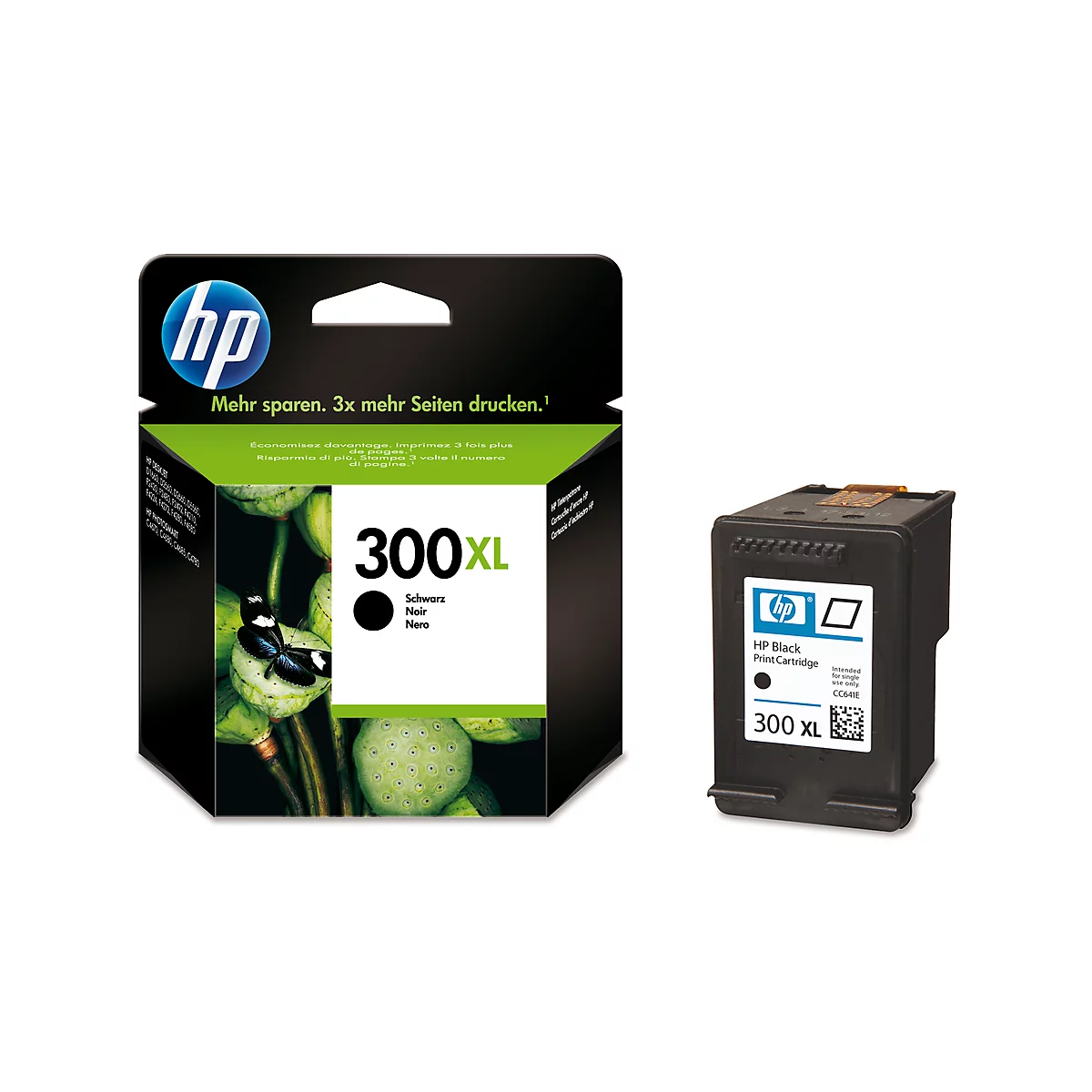 Schwarze HP 300XL Tintenpatrone neben der Verpackung. Auf der Verpackung steht "Mehr sparen. 3x mehr Seiten drucken."
