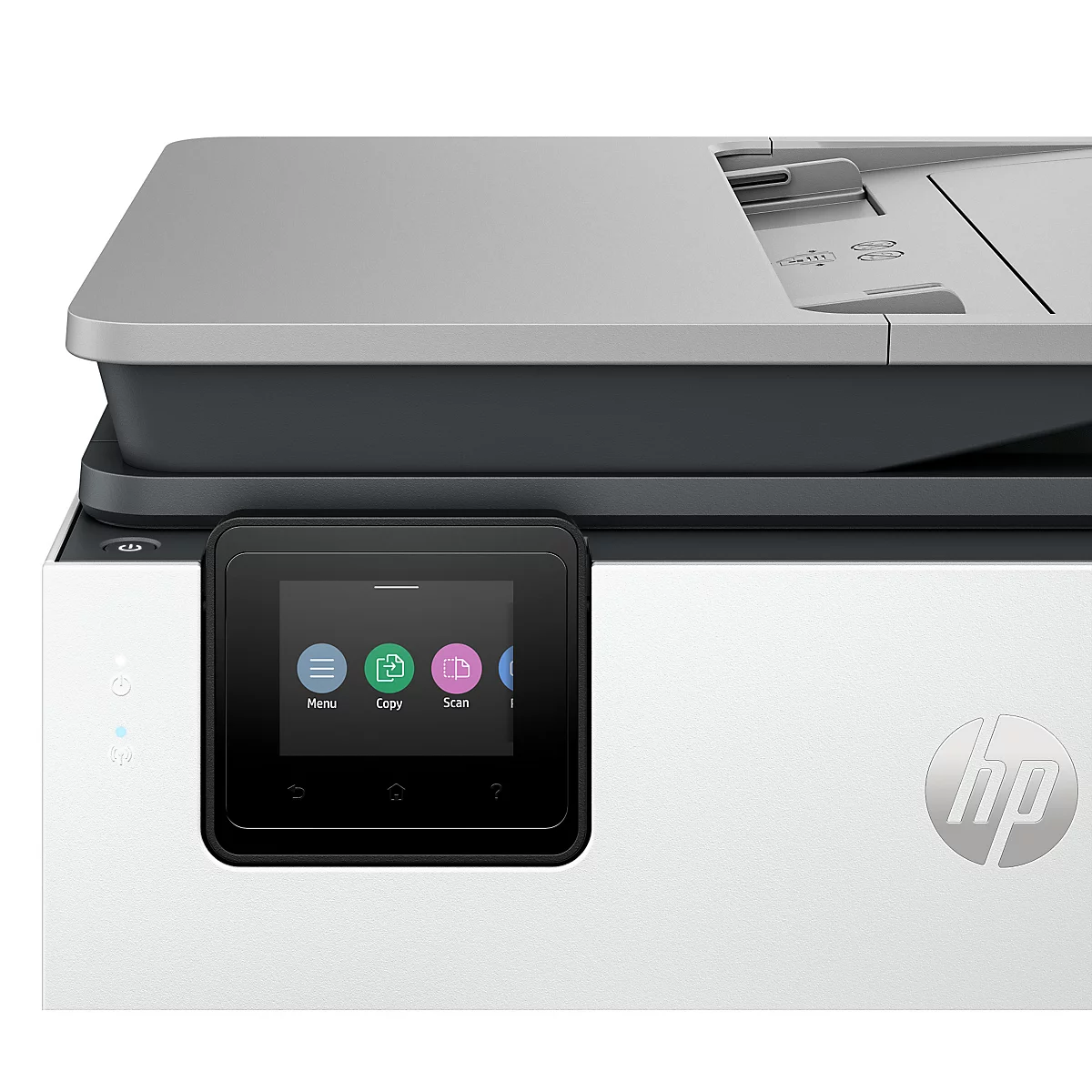Nahaufnahme des HP-Druckerdisplays mit Menü-, Kopier- und Scan-Symbolen auf weißem Gehäuse.