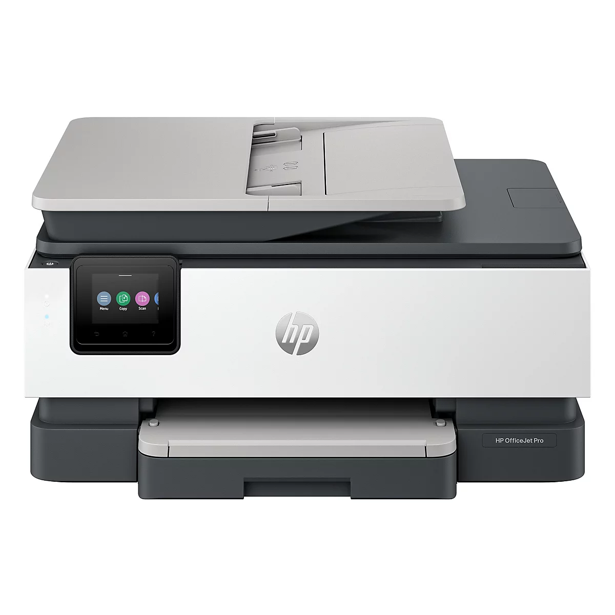 HP OfficeJet Pro Drucker in Weiß und Grau mit Touchscreen-Display vor neutralem Hintergrund.