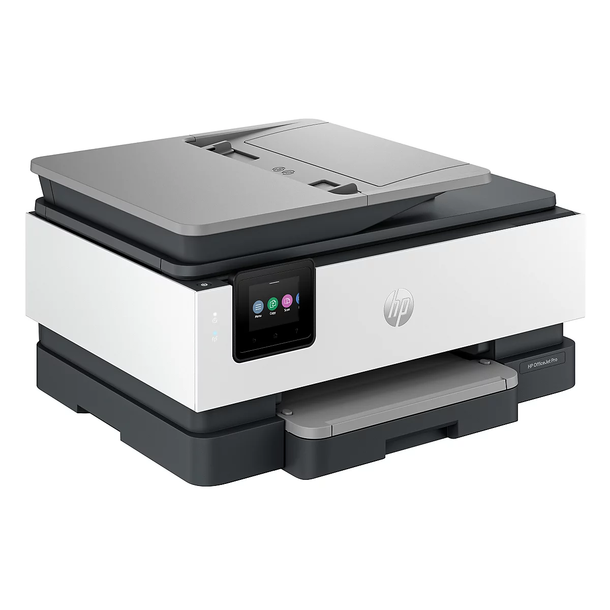 Kompakter, weiß-grauer HP Multifunktionsdrucker in Studioaufnahme vor weißem Hintergrund.