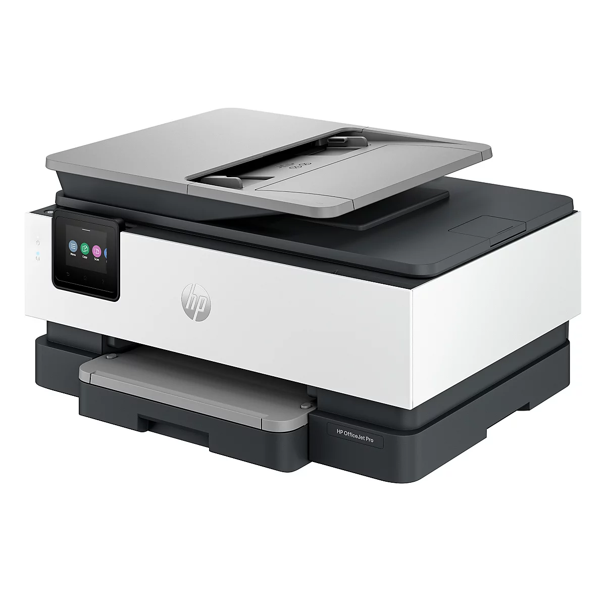 HP OfficeJet Pro Multifunktionsdrucker in Weiß und Dunkelgrau vor neutralem Hintergrund.