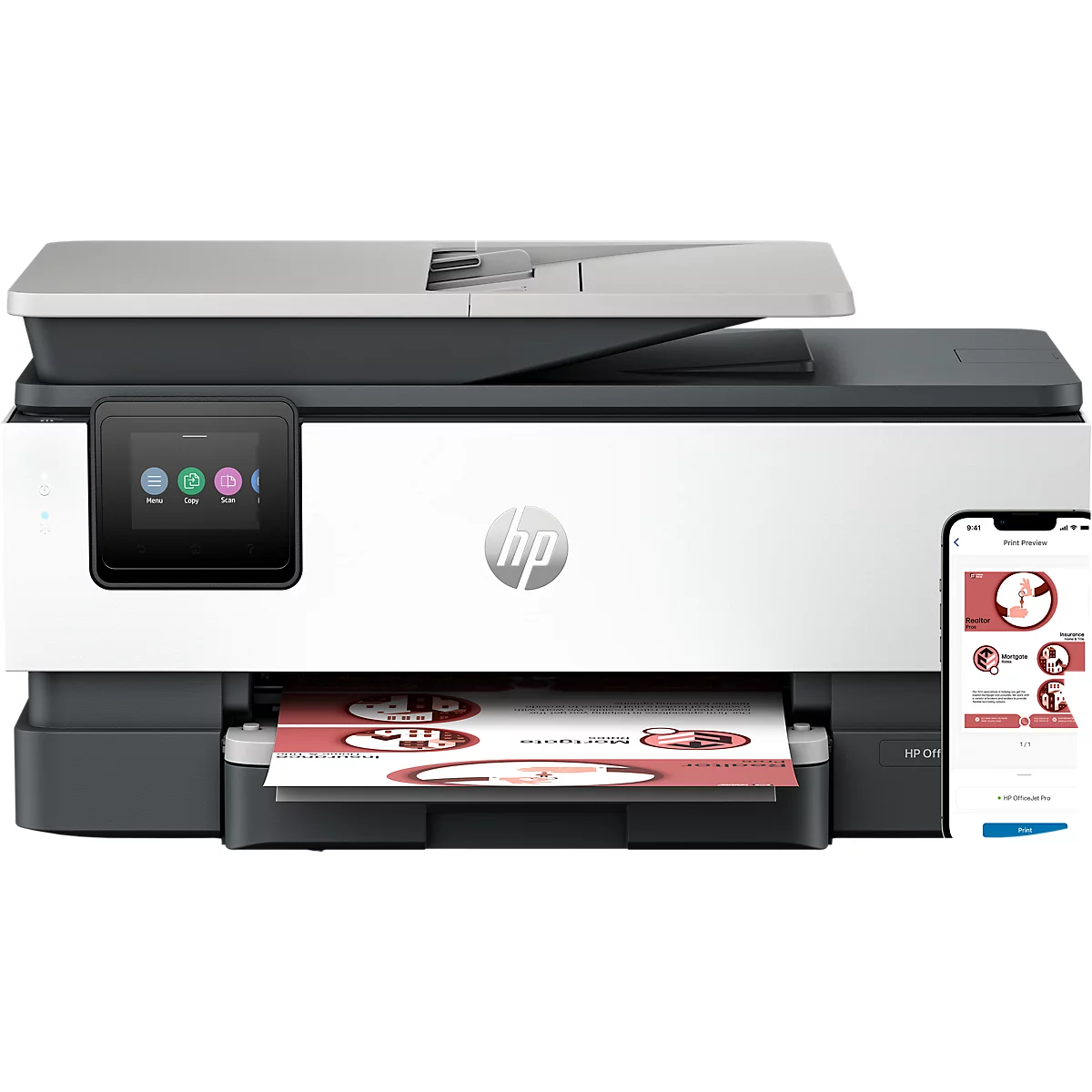 Ein weiß-grauer HP Multifunktionsdrucker mit Touchscreen und daneben stehendem Smartphone zur App-Steuerung.