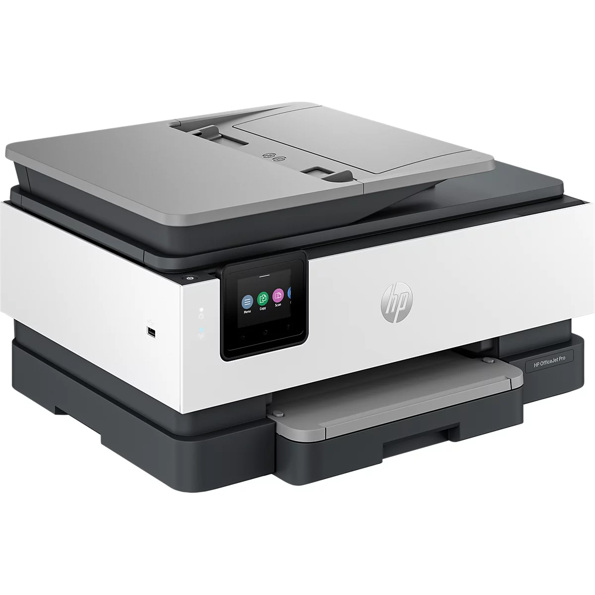 HP OfficeJet Pro Drucker in Weiß und Grau vor neutralem Hintergrund.