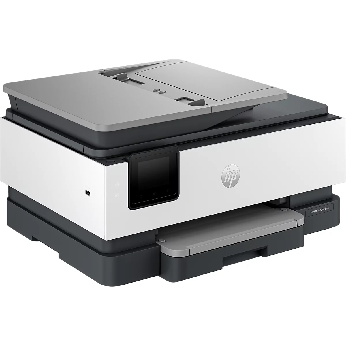 Kompakter, weiß-grauer HP OfficeJet Pro Drucker mit Touchscreen und Vorlageneinzug vor neutralem Hintergrund.