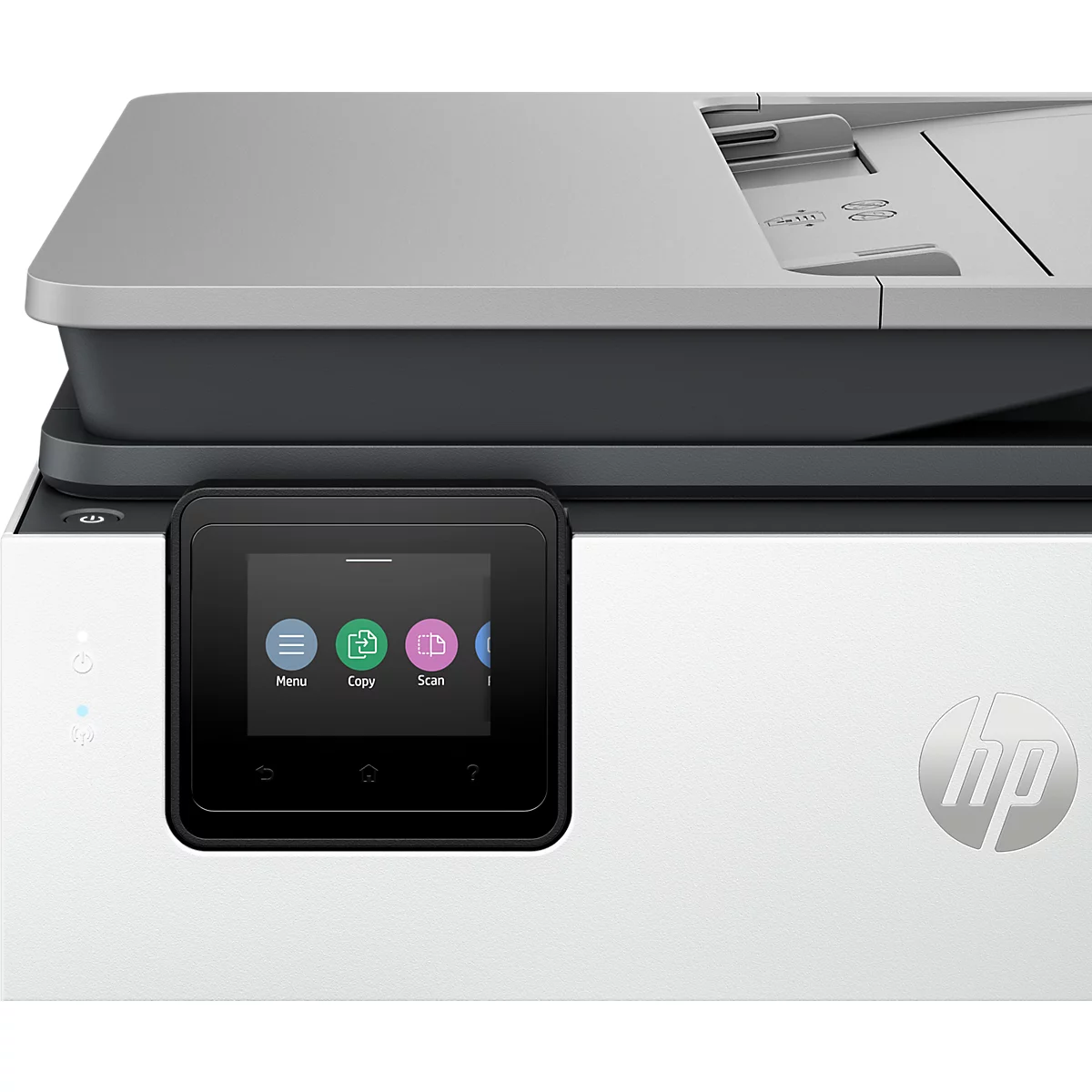 Nahaufnahme des Touchscreen-Displays eines weißen HP-Druckers mit Menü-, Kopier- und Scan-Symbolen.