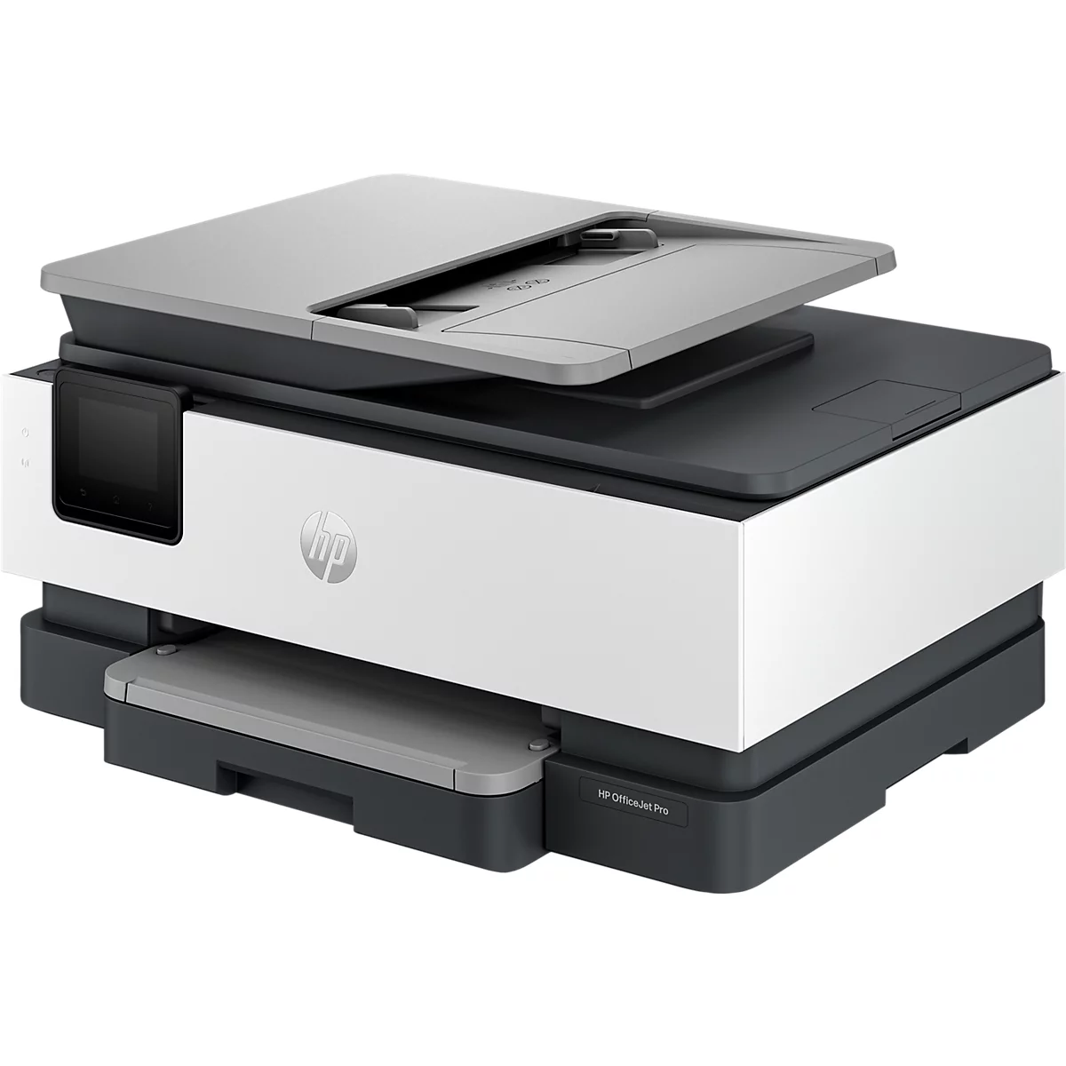 Ein weiß-grauer HP OfficeJet Pro Multifunktionsdrucker vor neutralem Hintergrund.