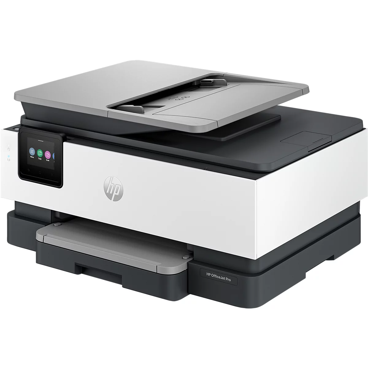 Weiß-grauer HP OfficeJet Pro Multifunktionsdrucker in Studioansicht.