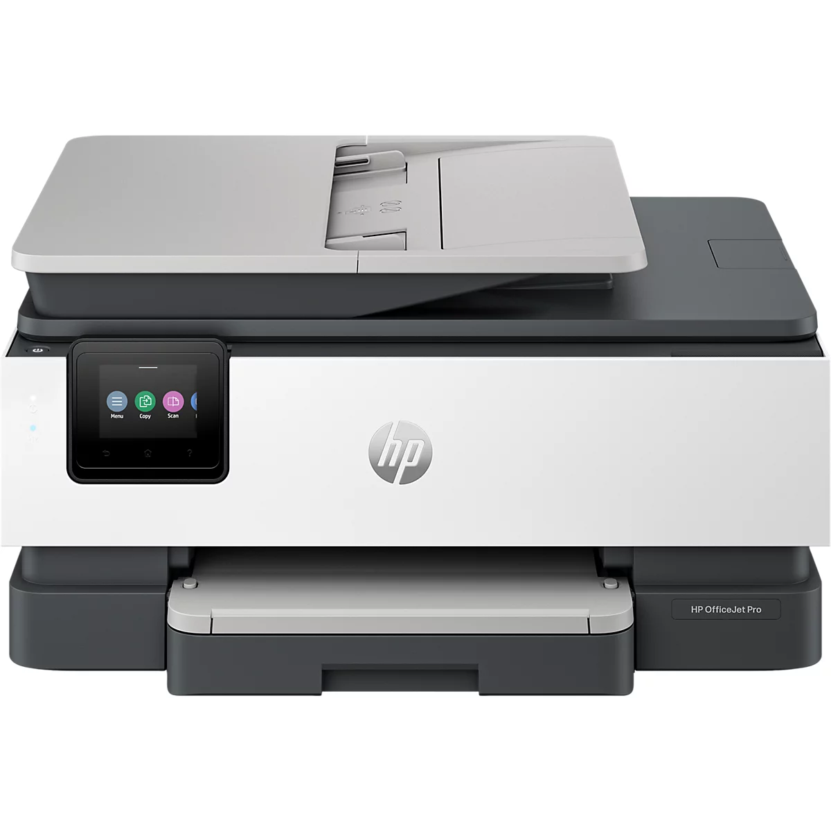 HP OfficeJet Pro Drucker mit weißer Front und dunklem Gehäuse, zentralem HP-Logo und Touchscreen.