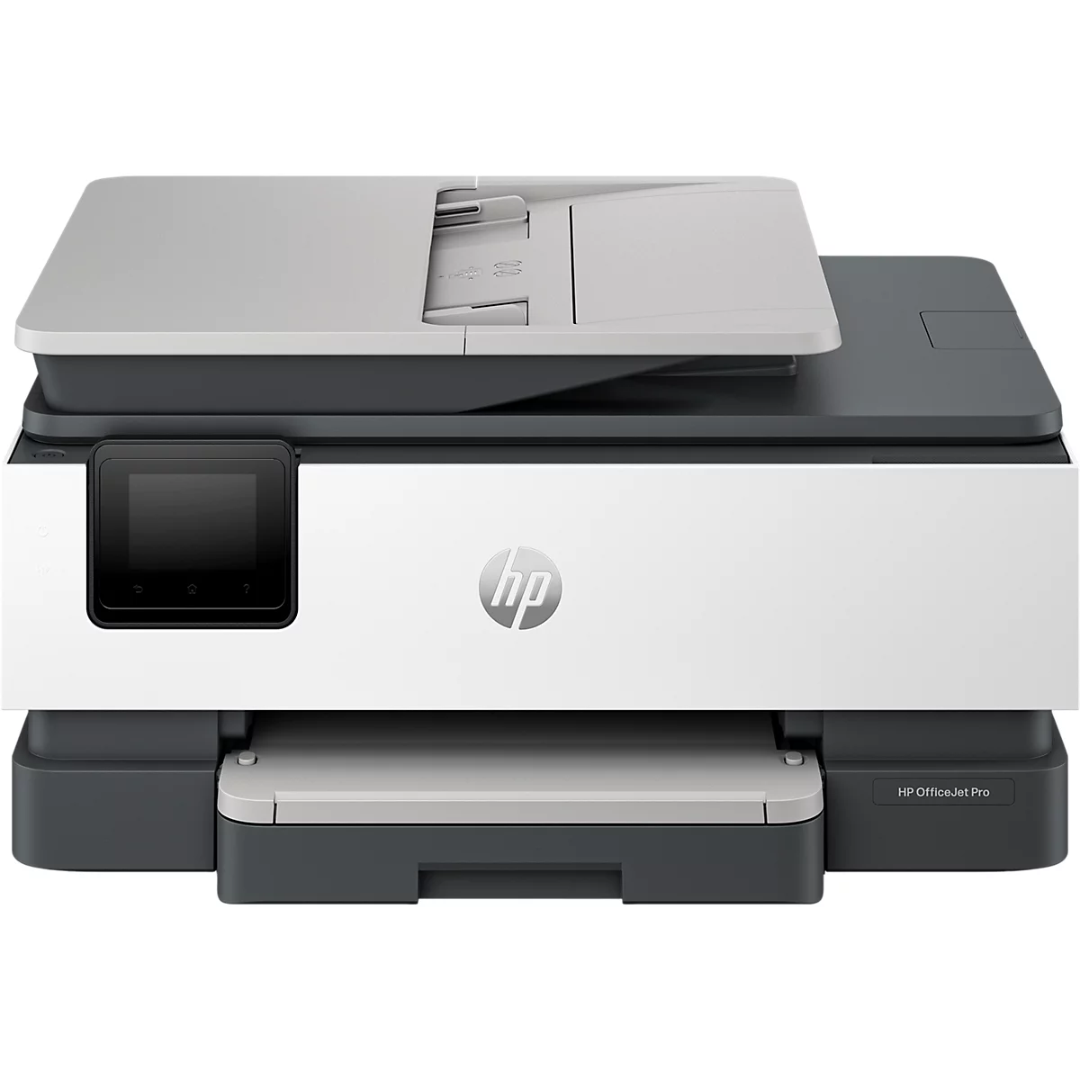Weiß-grauer HP OfficeJet Pro Drucker in Frontalansicht vor neutralem Hintergrund.