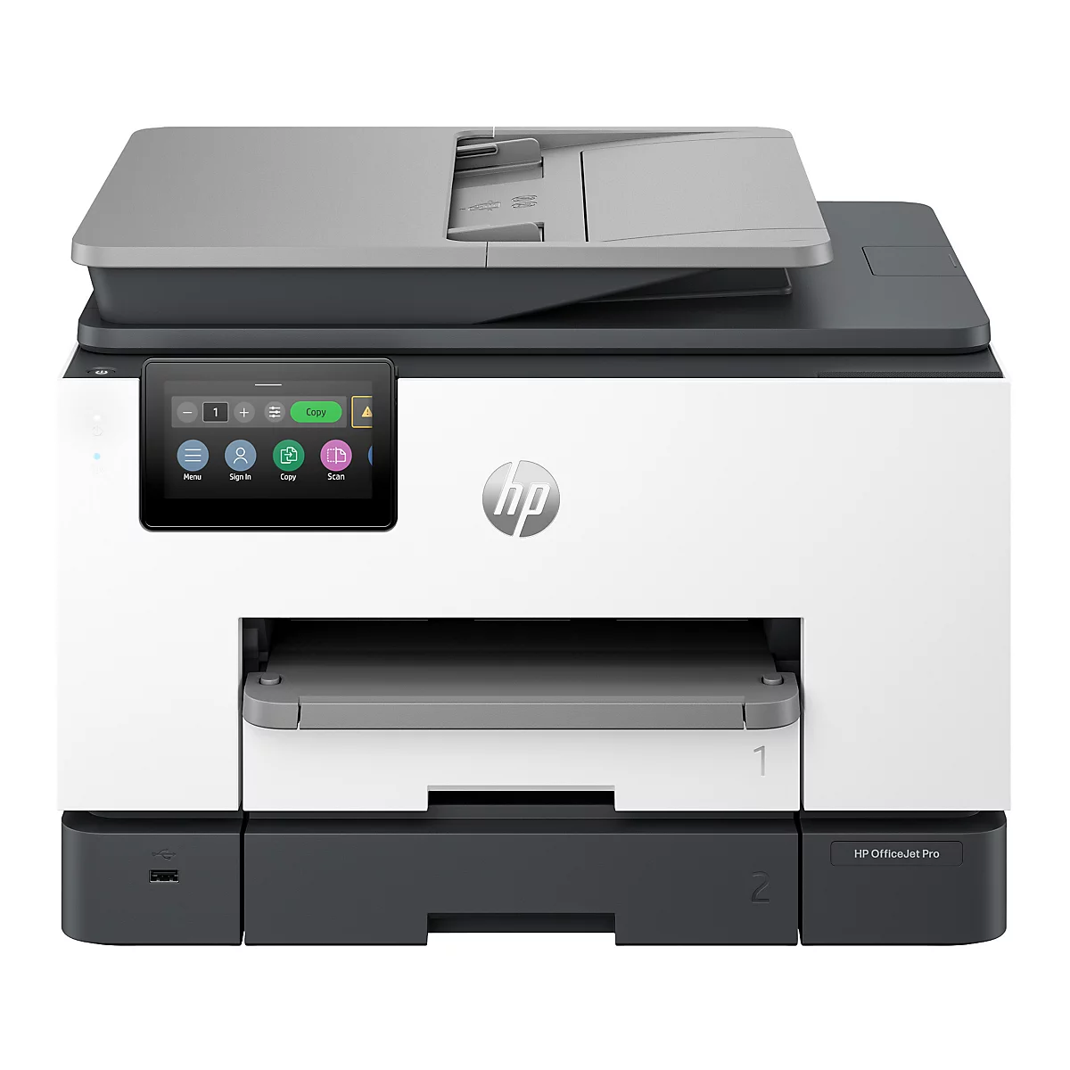 Ein weißer HP OfficeJet Pro Drucker mit Touchscreen und grauem Deckel. Das HP-Logo befindet sich rechts.
