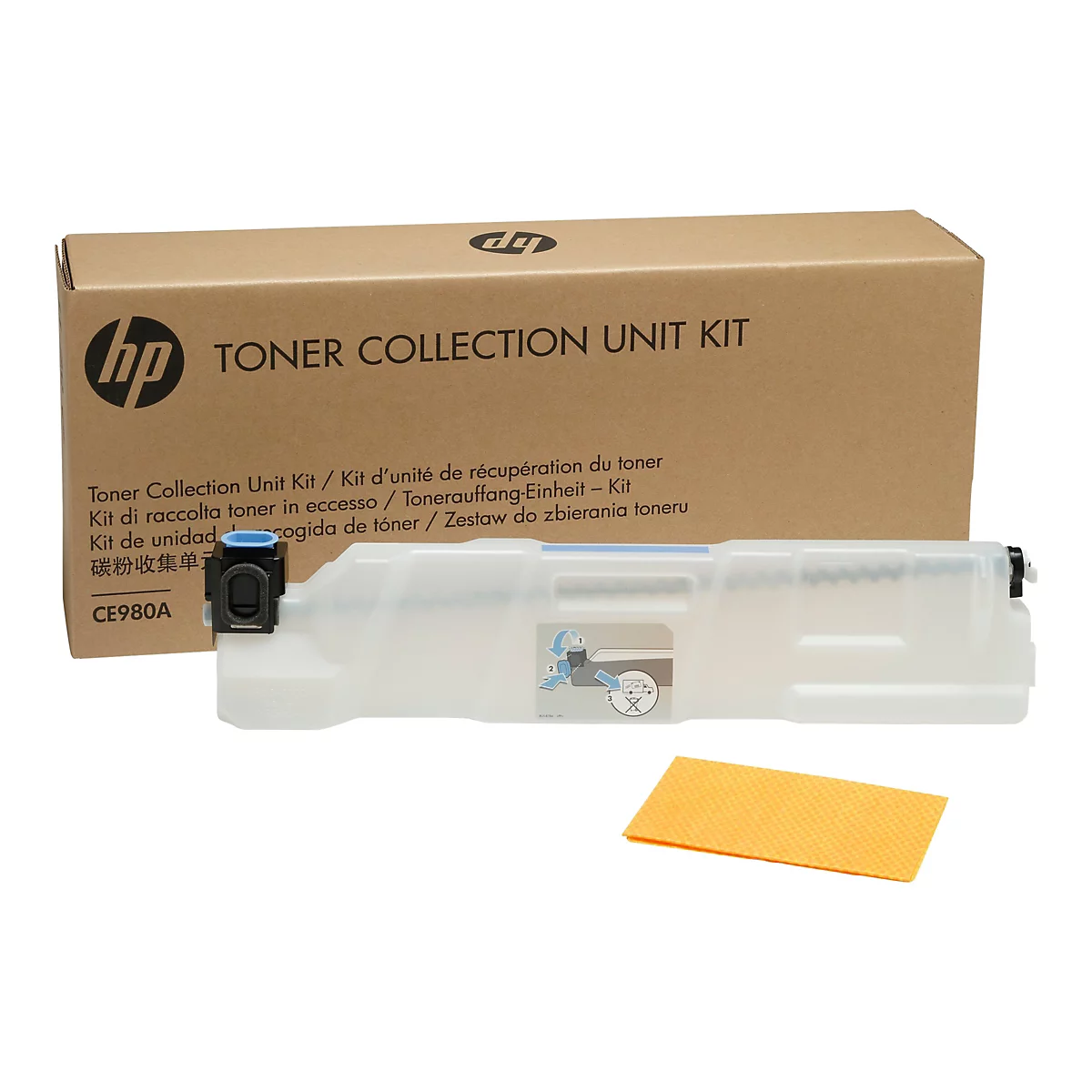 Ein HP Toner Collection Unit Kit. Es besteht aus einer braunen Pappschachtel und einer transparenten Kunststoff-Toner-Sammelbehälter mit schwarzem Verschluss und einem gelben Wischtuch.