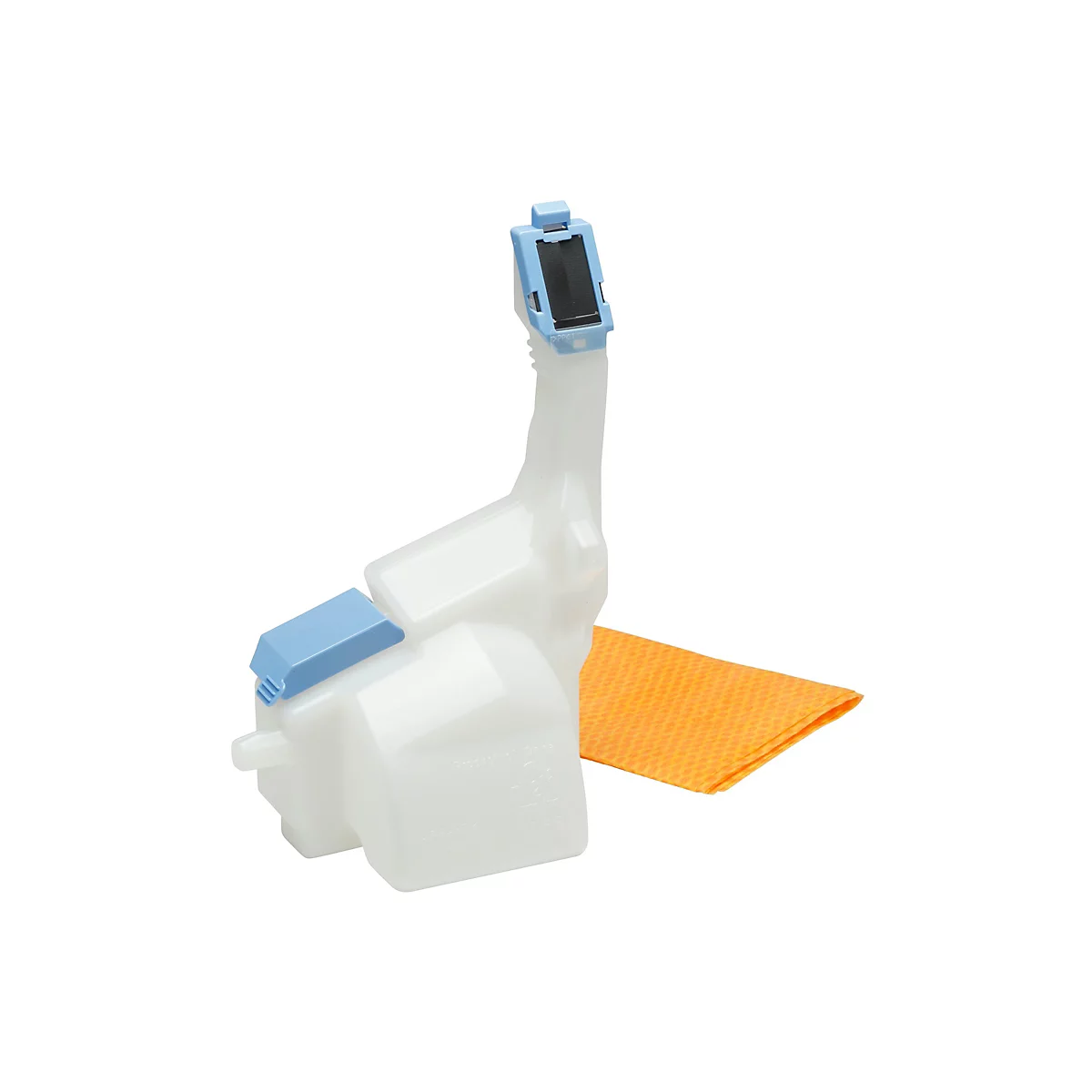 Réservoir de liquide de lave-glace blanc, avec couvercle bleu et filtre.