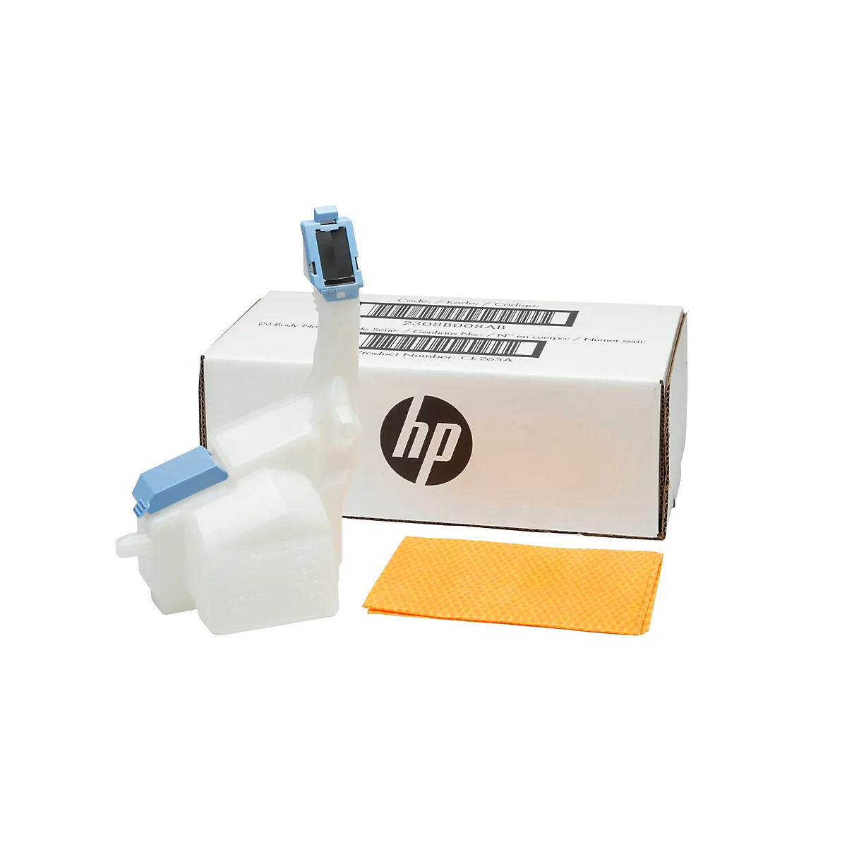 Ein weißer Behälter mit blauem Deckel und Anbauteilen, daneben ein Karton mit HP-Logo und ein gelbes Tuch.