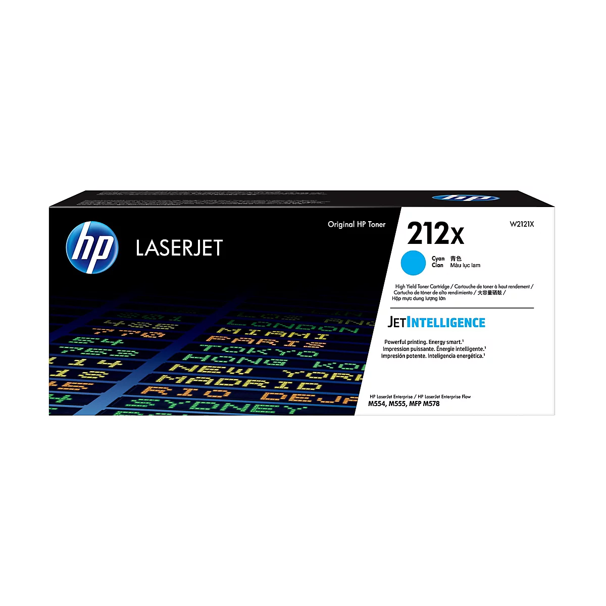 Une cartouche de toner HP LaserJet 212X bleue avec informations et logo du produit, sur fond d'affichage boursier.