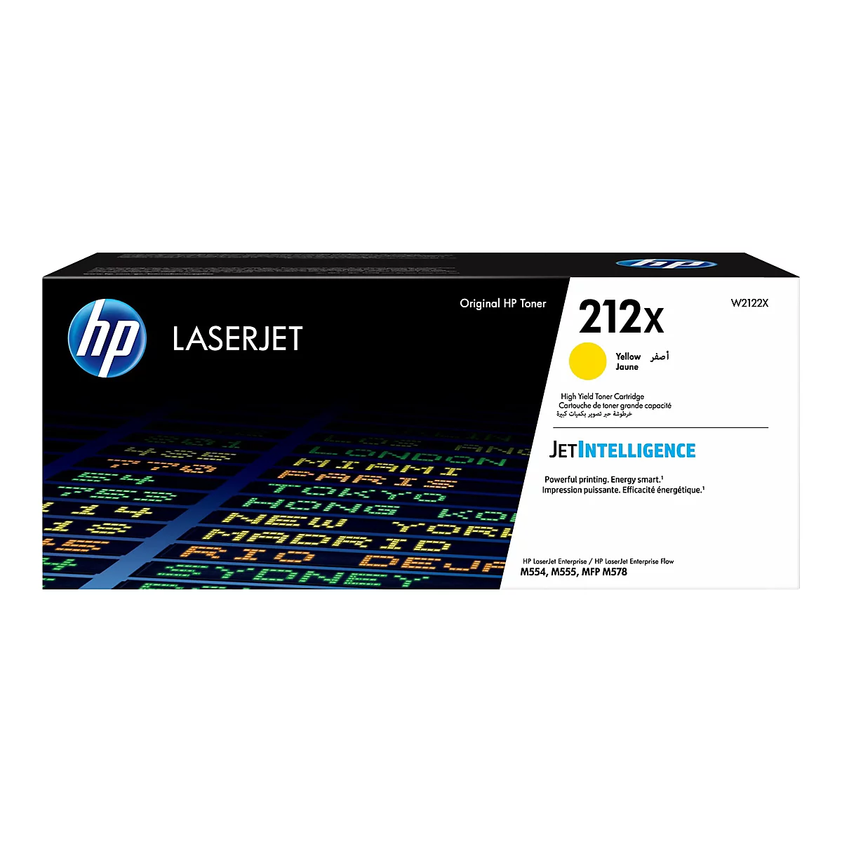 Une cartouche de toner laser HP 212X jaune, emballée. L'emballage indique 'Original HP Toner' et 'LASERJET'.