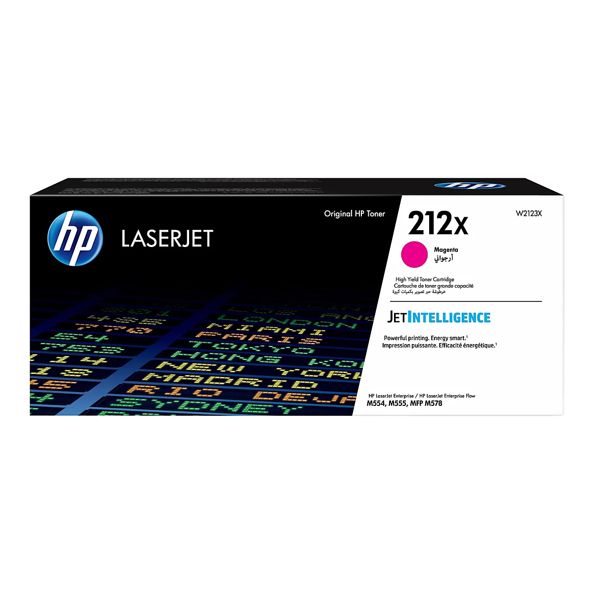 Une cartouche de toner HP Laserjet, 212x, magenta. Inscription : Toner HP d'origine. Le nom de la marque et le texte JetIntelligence sont affichés.