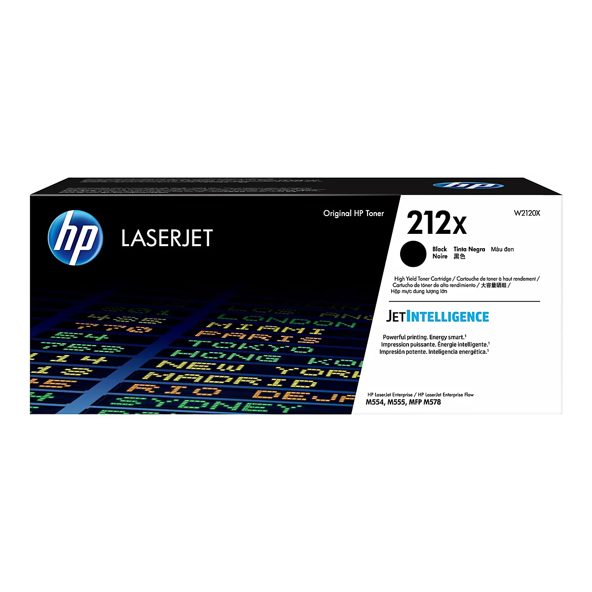 Cartouche de toner noir HP LaserJet 212X. Cartouche d'encre noire avec le logo HP et les informations sur le produit sur fond noir.