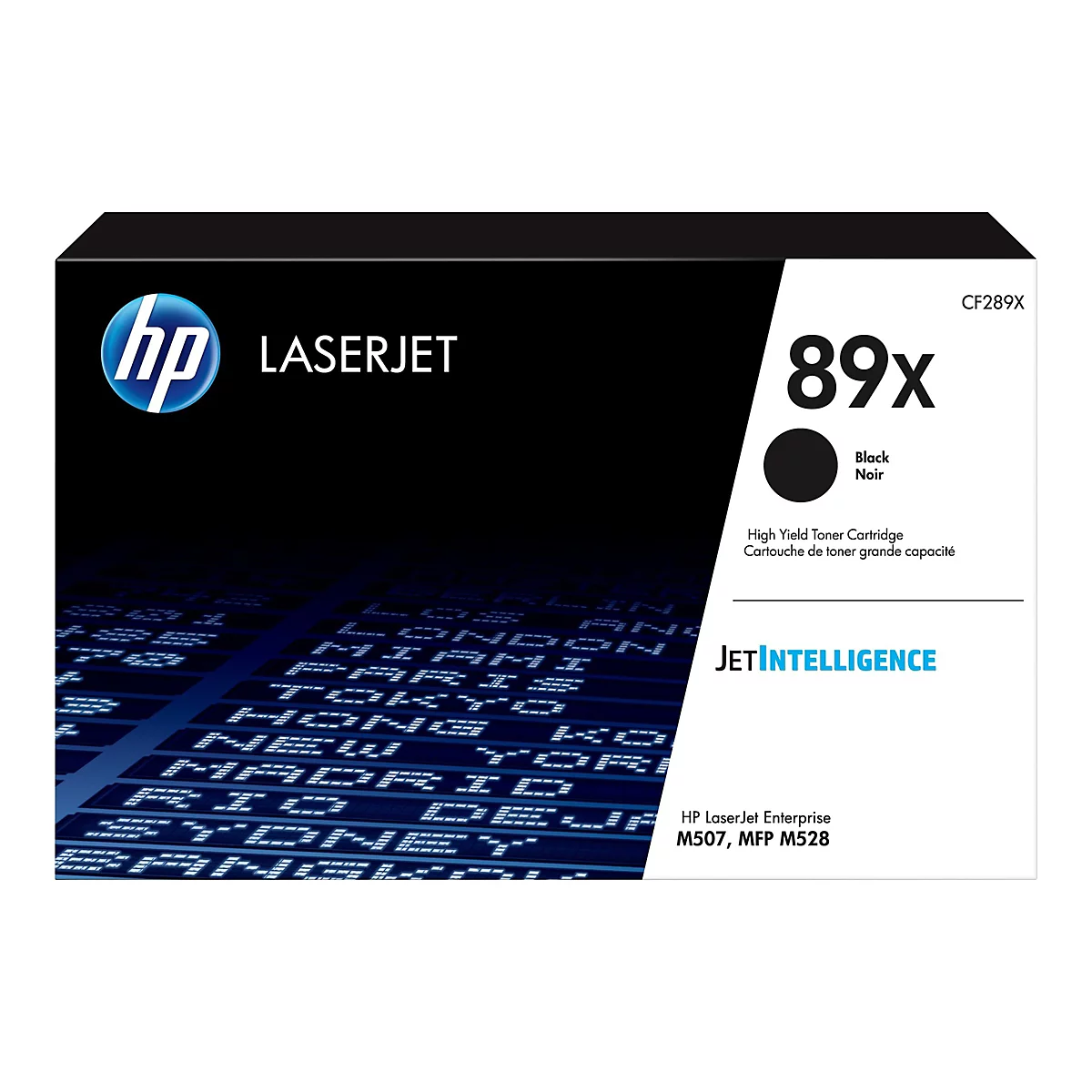 Cartouche de toner noire HP LaserJet 89x sur fond noir, avec texte blanc et logo bleu. Comprend des noms tels que Paris, Tokyo et New York.