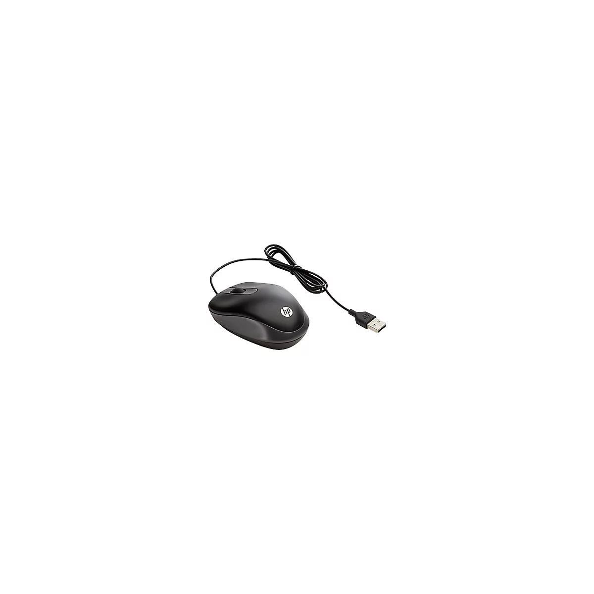 Schwarze HP-Maus mit Kabel, Scrollrad und USB-Stecker. HP-Logo auf der Oberfläche.