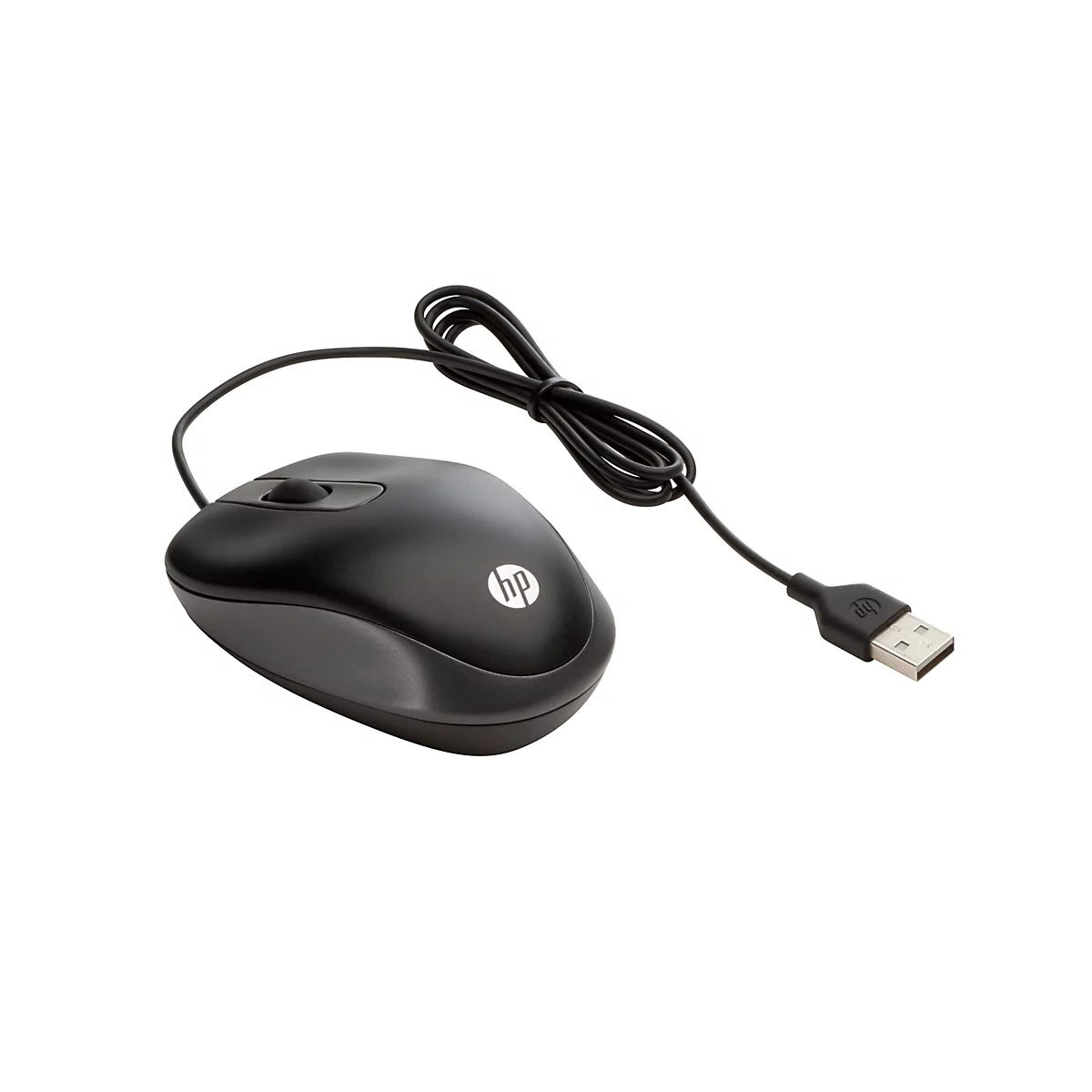 Schwarze HP-Maus mit Kabel und USB-Anschluss. Das HP-Logo ist auf der Maus zu sehen.