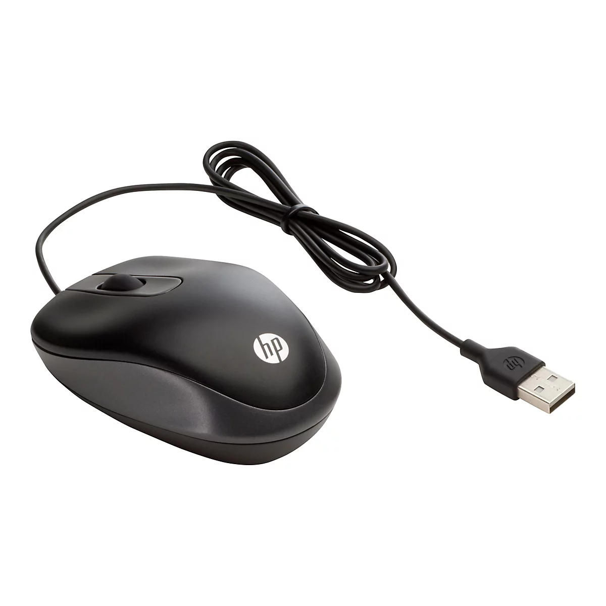Schwarze HP-Maus mit Kabel und USB-Anschluss. Die Maus hat ein Scrollrad und das HP-Logo.