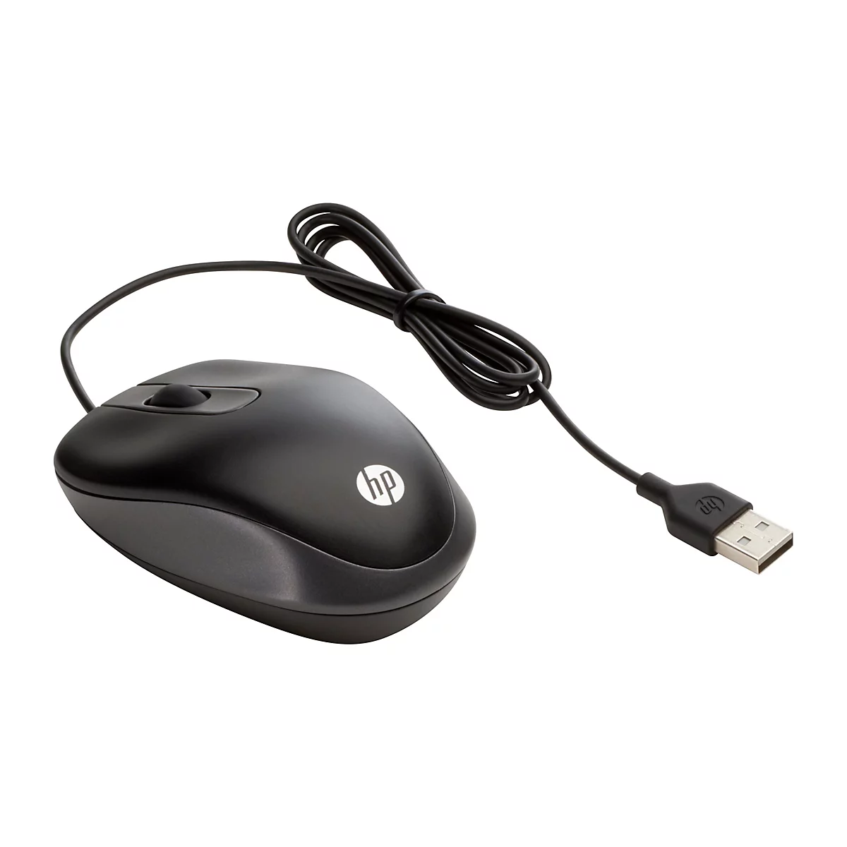 Schwarze HP-Computermaus mit Kabel. Maus mit Scrollrad und Logo. USB-Anschluss.