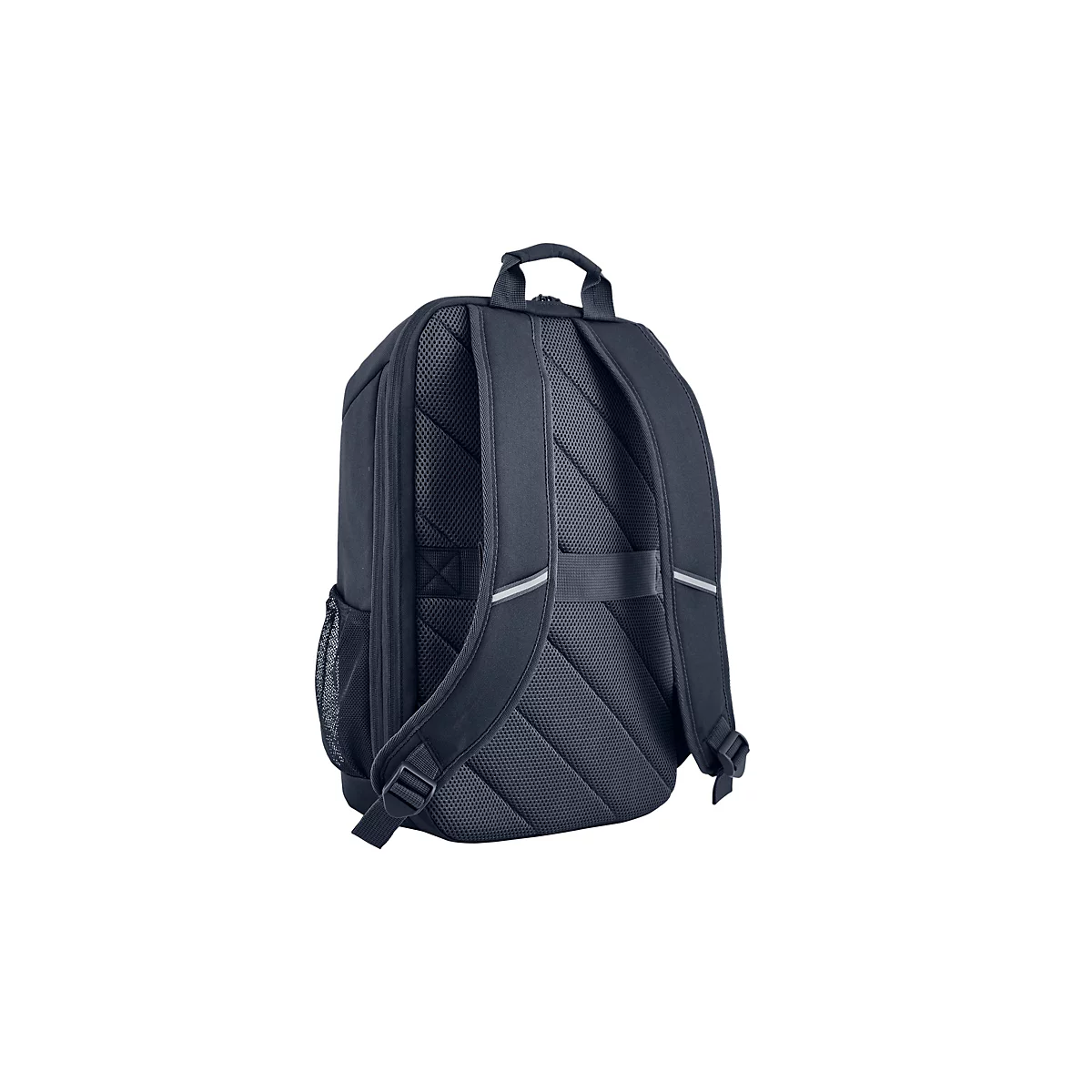 Dunkelblauer Rucksack vor weißem Hintergrund. Der Rücken und die Träger sind sichtbar.