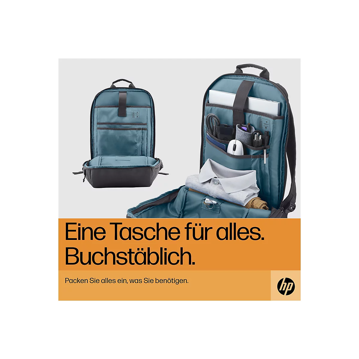 Ein schwarzer Rucksack, geöffnet, mit Laptop, Kleidung, und Zubehör. Text: Eine Tasche für alles. Buchstäblich. Packen Sie alles ein, was Sie benötigen.
