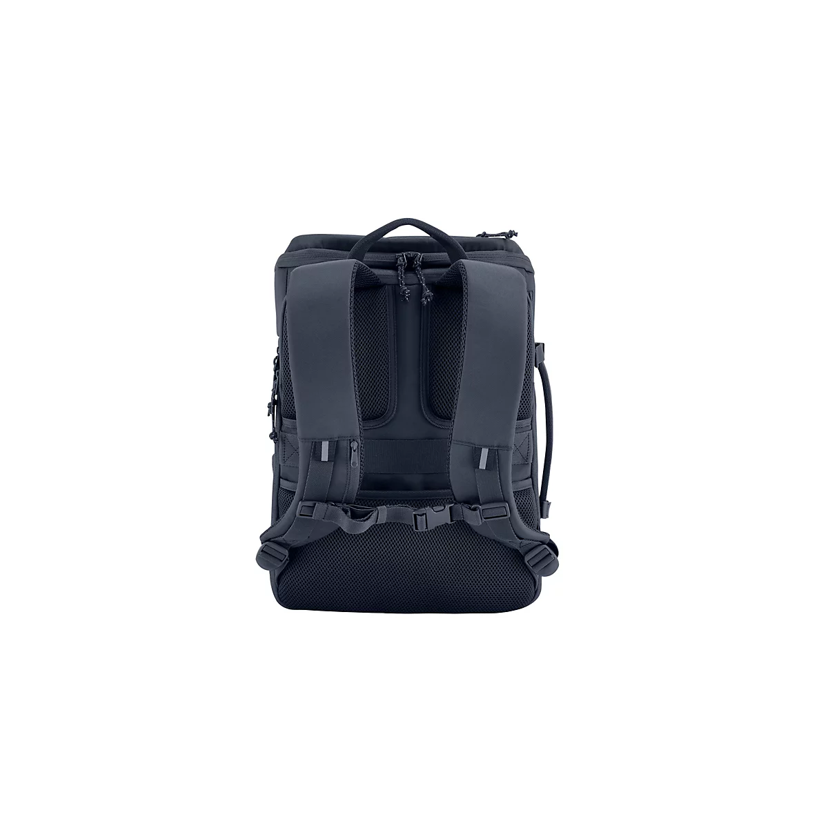 Rückseite eines schwarzen Rucksacks mit gepolsterten Tragegurten und Mesh-Polsterung auf weißem Hintergrund.