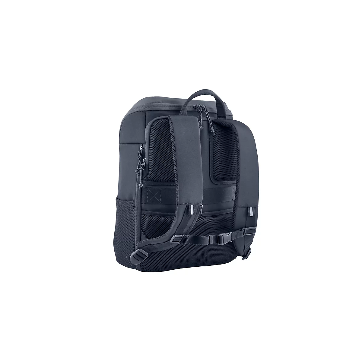 Dunkelblauer Rucksack vor weißem Hintergrund. Der Rucksack hat gepolsterte Gurte, mehrere Fächer und Schnallen.