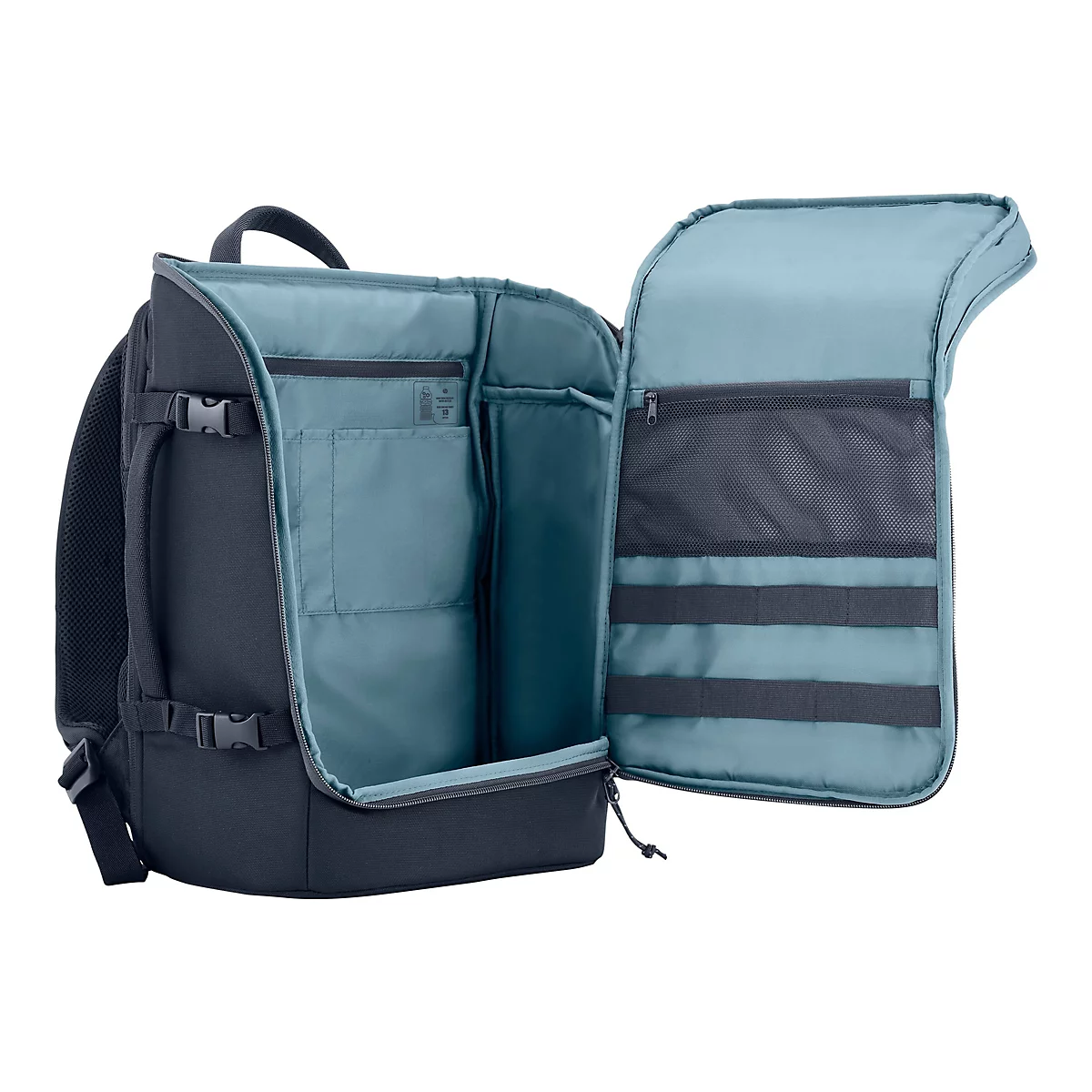 Offener schwarzer Rucksack mit hellblauem Innenfutter, mehreren Staufächern und Netztaschen.