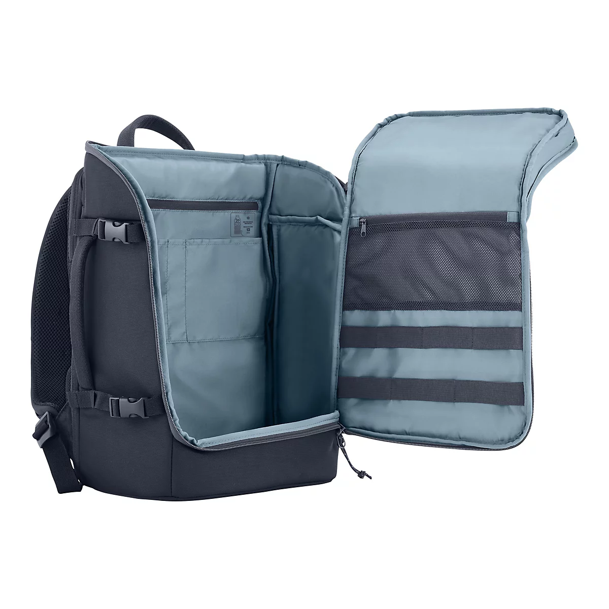 Offener schwarzer Rucksack mit hellblauem Innenfutter und verschiedenen Organisationsfächern sowie Netztaschen.