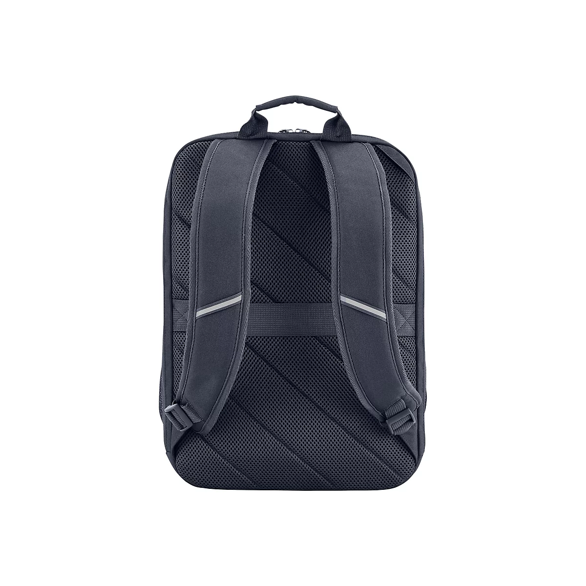 Dunkelblauer Rucksack, Rückseite mit gepolsterten Trägern und reflektierenden Streifen.