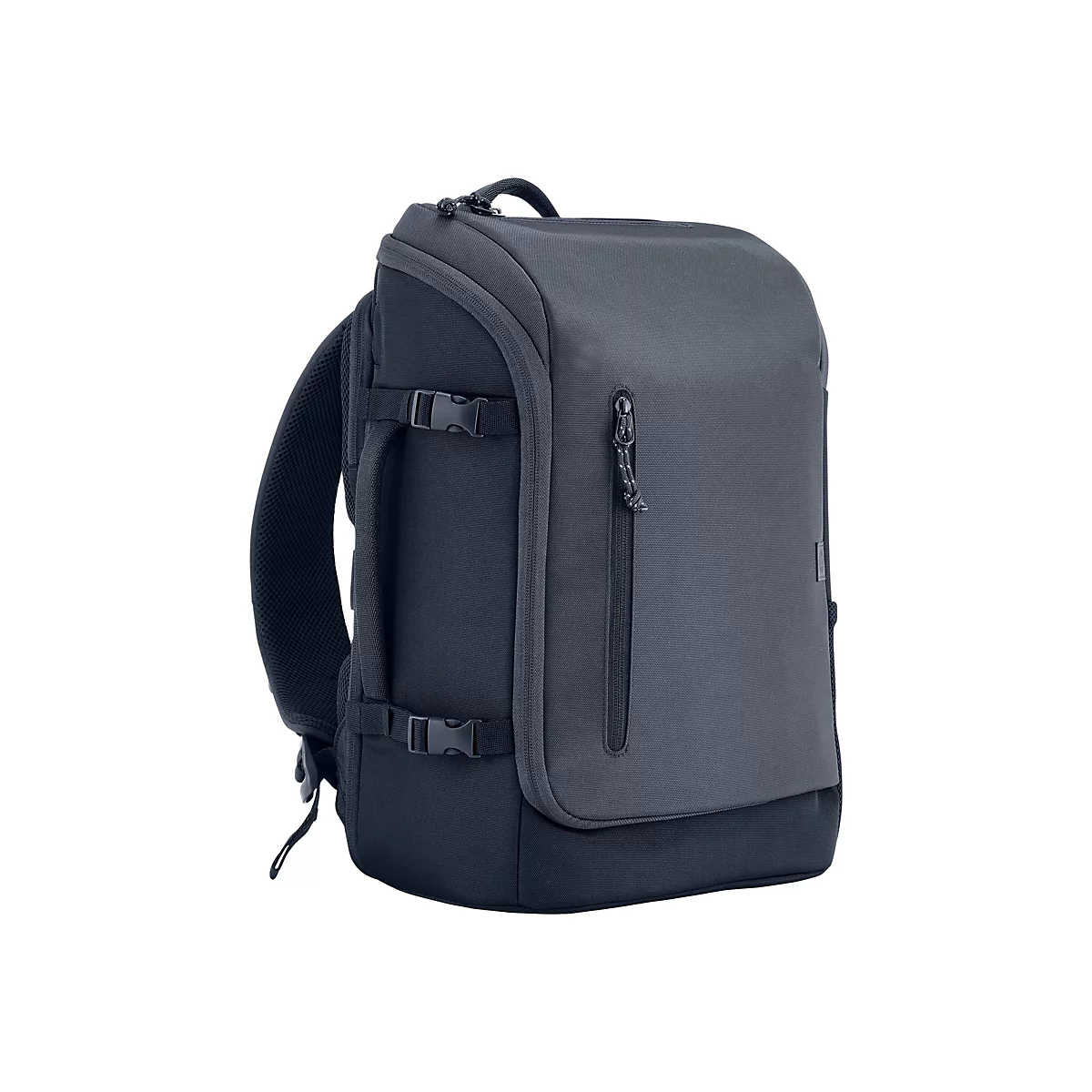 Dunkelblauer, rechteckiger Rucksack, seitlich angeschnitten. Sichtbar sind Reißverschluss, Schnallen und Trageriemen.