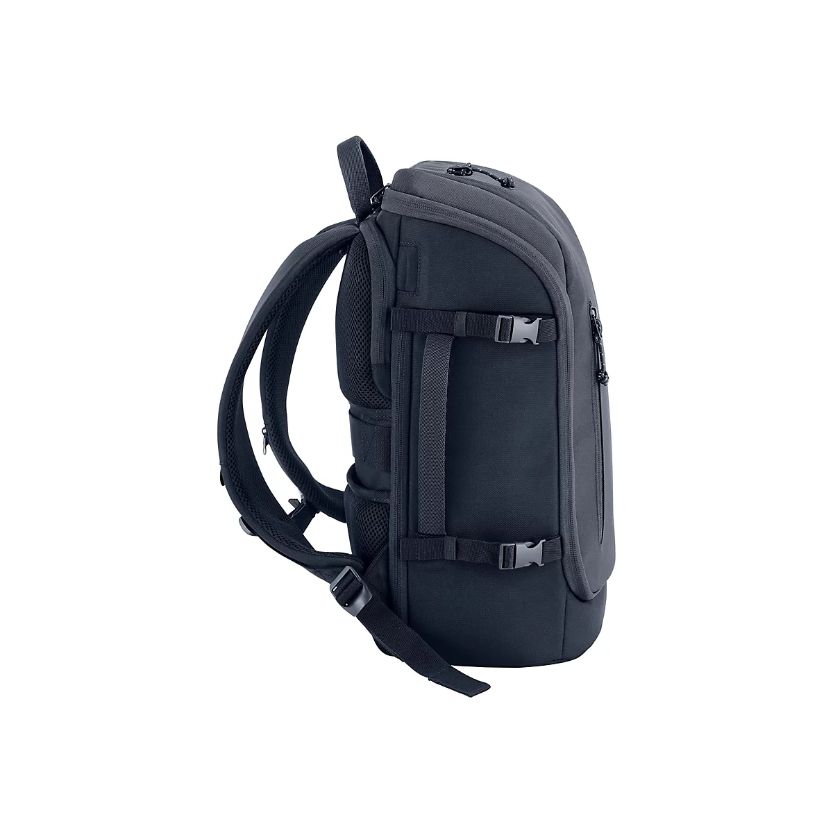 Dunkelblauer Rucksack im Profil, mit Schultergurten, Schnallen und Tragegriff.